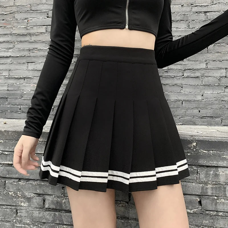 Vintage Korean Style Patchwork Skirt Harajuku JK Black Pleated Skirts Gothic Streetwear High Waist Mini Skirt Women Punk Skirt