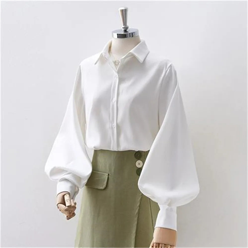 Korean Style 2022 Shirts Women Lantern Sleeve Loose Turn-down Collar Simple Solid Feminino Blouses Autumn All-match Fashion