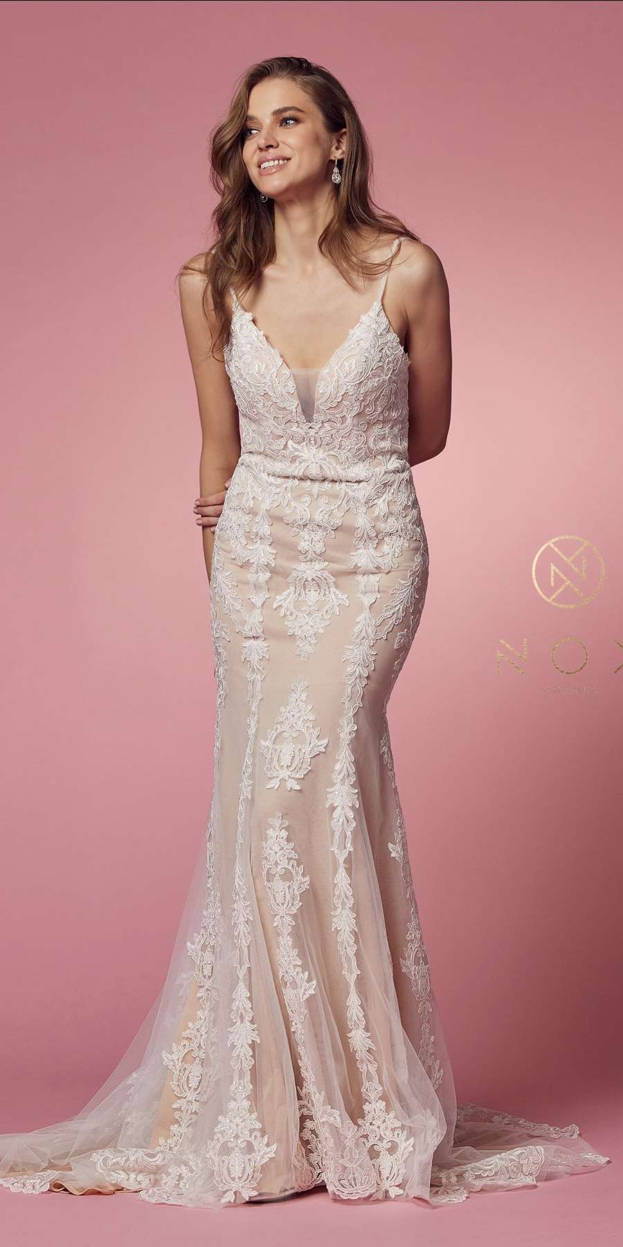 Nox Anabel H494 Spaghetti Strap V-Neckline Long Lace Wedding Gown