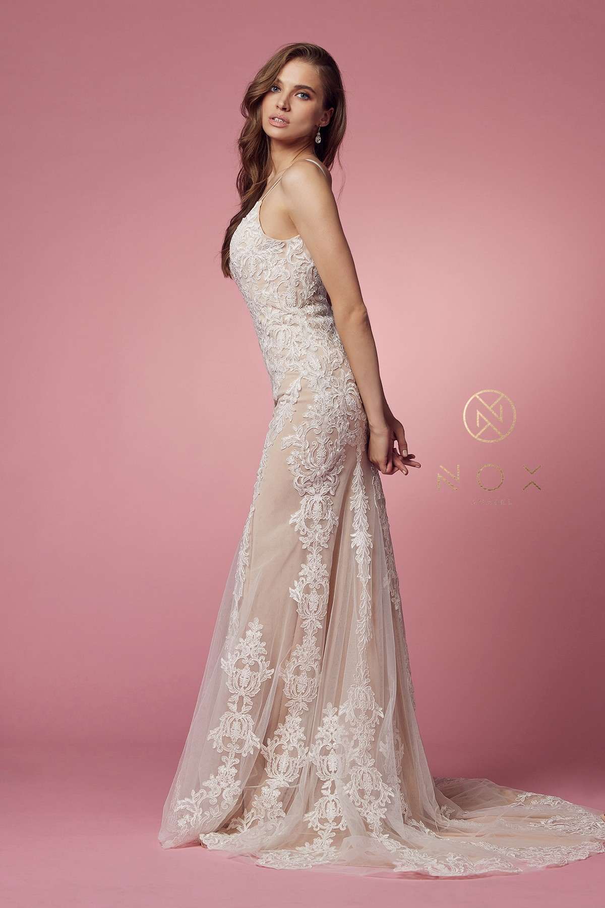 Nox Anabel H494 Spaghetti Strap V-Neckline Long Lace Wedding Gown