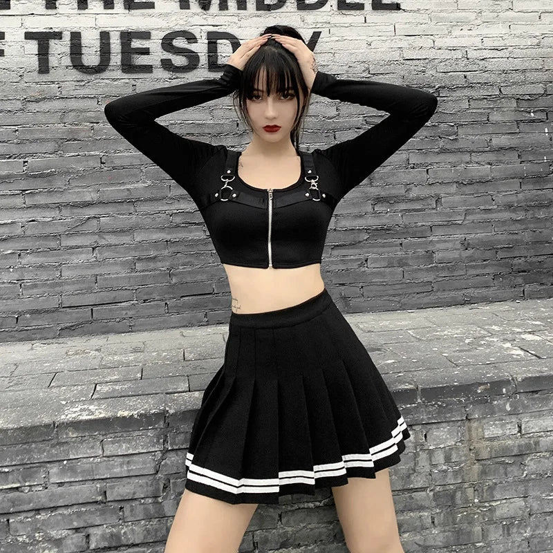 Vintage Korean Style Patchwork Skirt Harajuku JK Black Pleated Skirts Gothic Streetwear High Waist Mini Skirt Women Punk Skirt