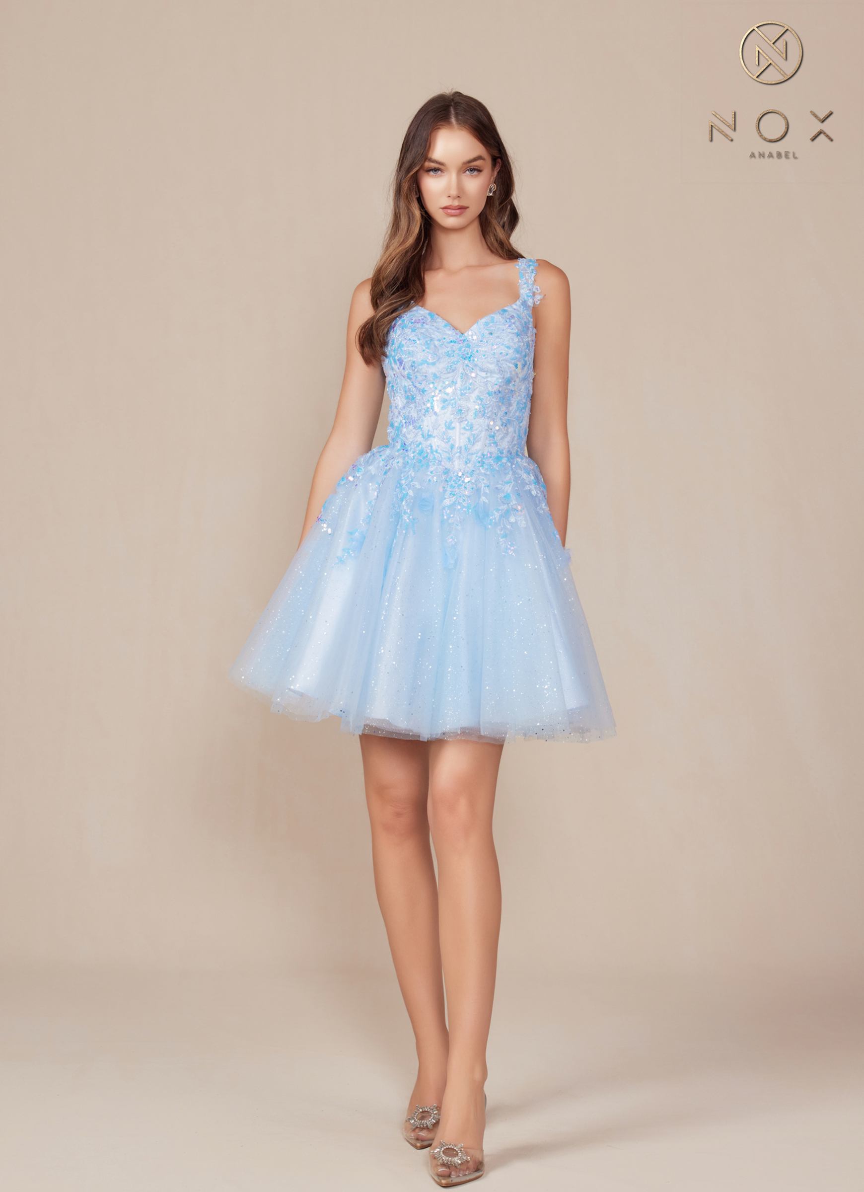 Nox Anabel H846 Short Glitter Sequin Applique A-Line Dress