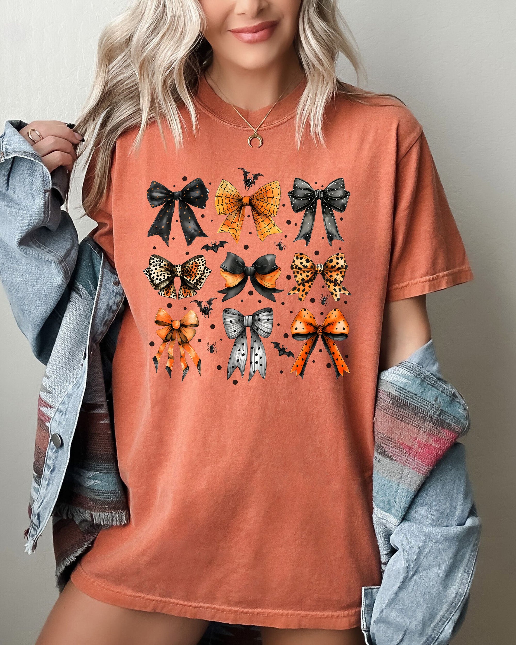 Halloween Bat Bows Girly Ribbons Coquette Spooky Autumn Fall Thanksgiving Comfort Colors Tee