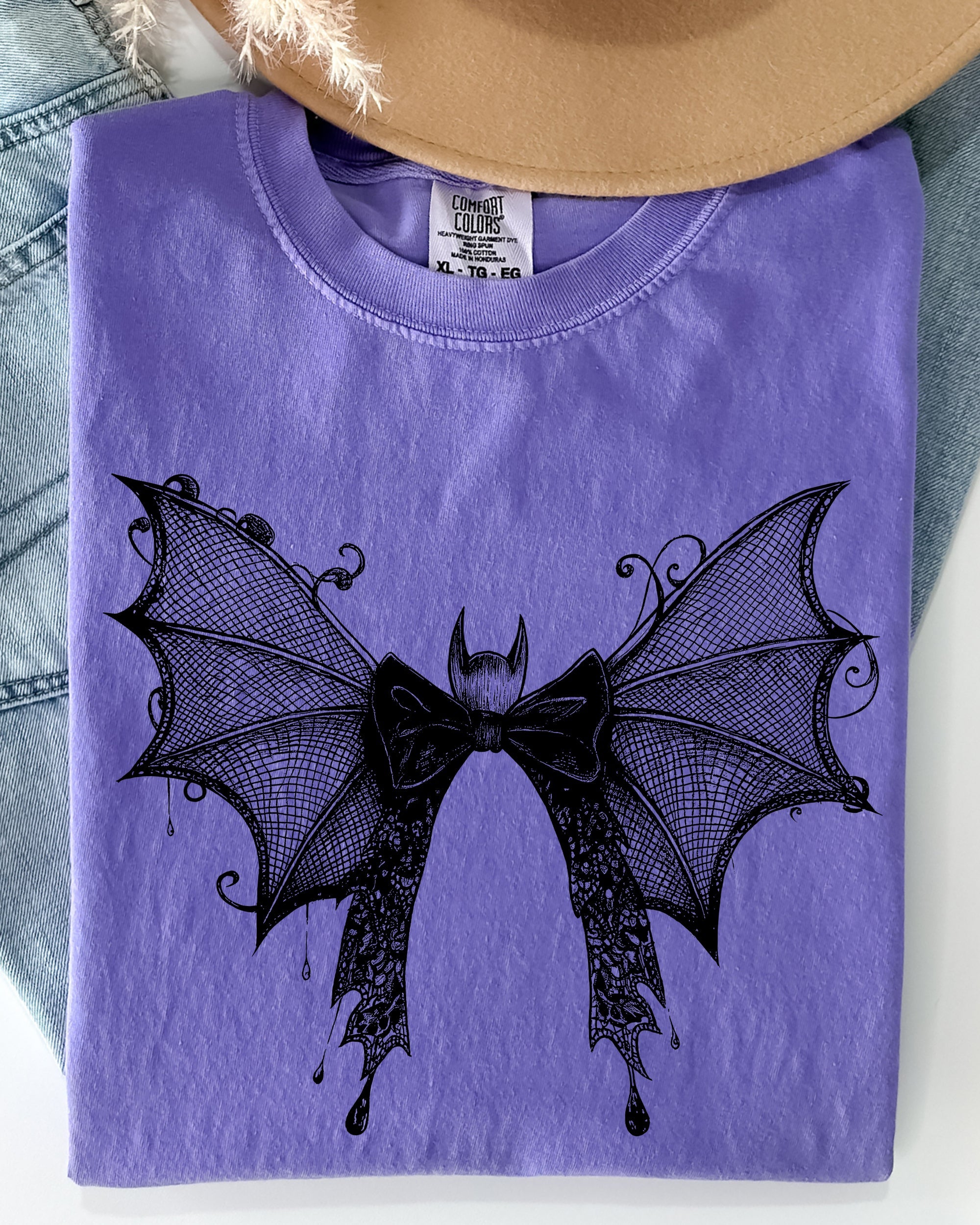 Halloween Bat With Delicate Lace Gothic Witch Silhouette And Spooky Night Motif Comfort Colors Tee
