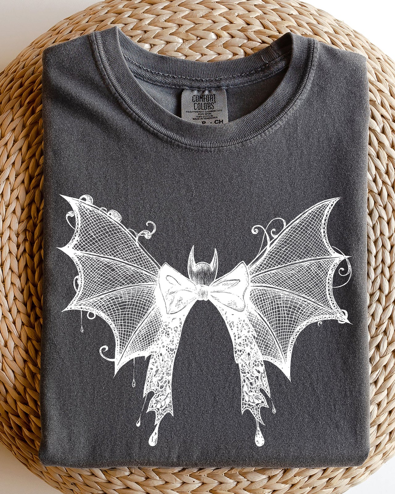 Halloween Bat With Delicate Lace Gothic Witch Silhouette And Spooky Night Motif Comfort Colors Tee