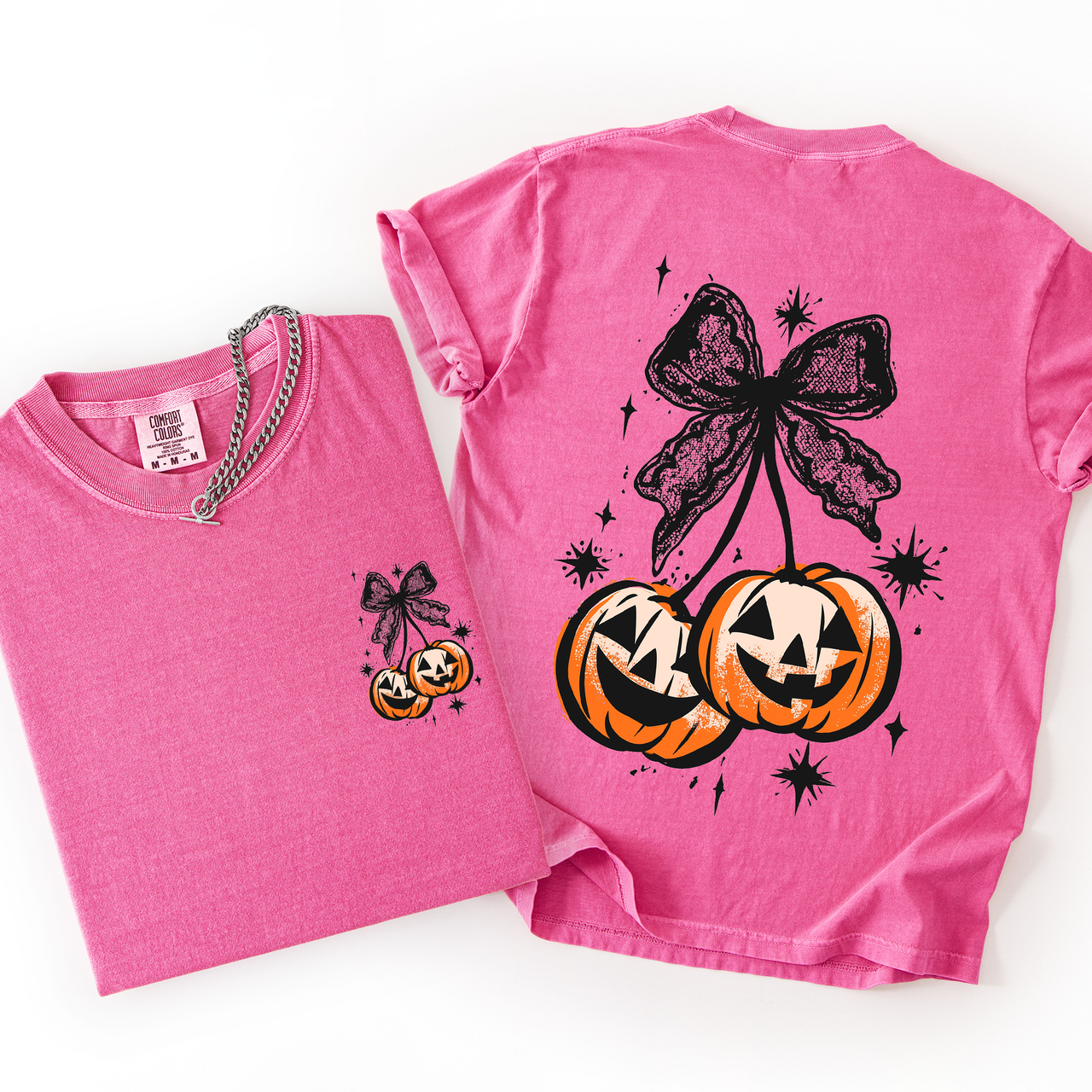 Halloween Cherry Pumpkins Whimsical Front And Back Print Colorful Graphic Soft Cotton Comfort Colors Tee