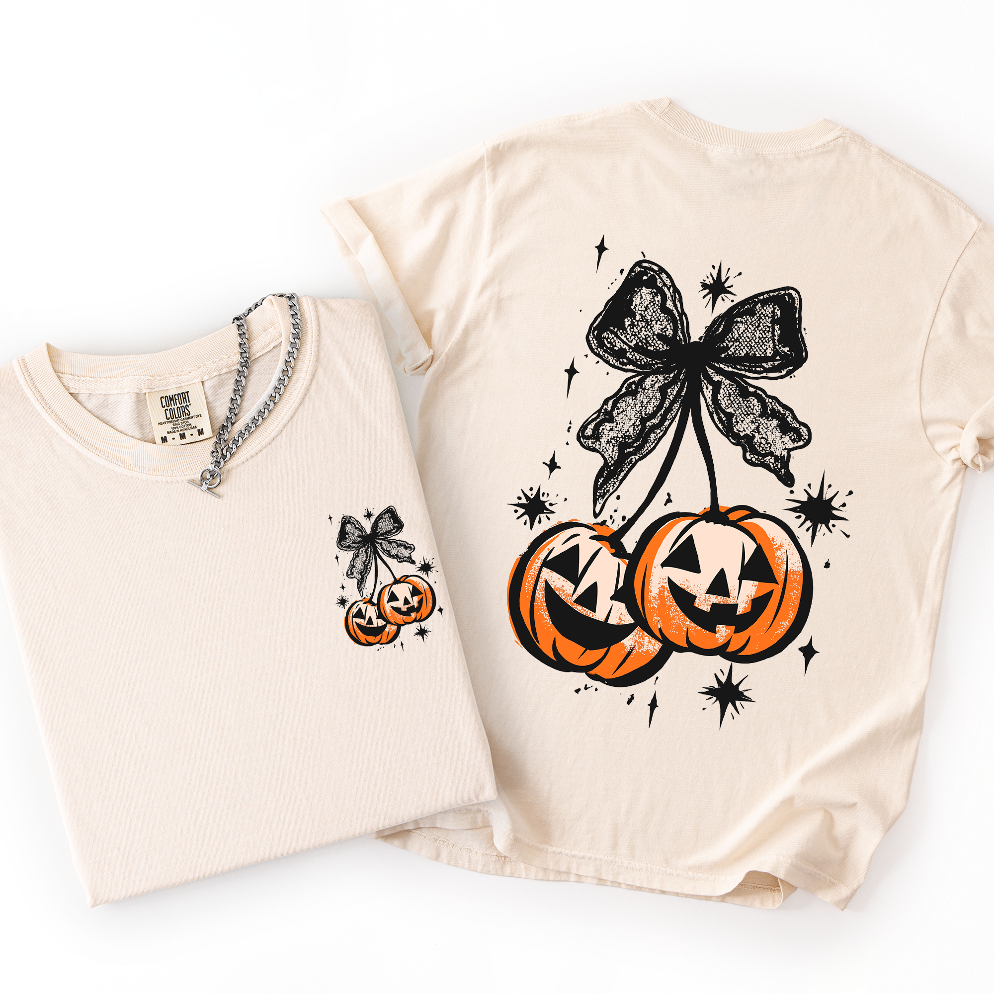 Halloween Cherry Pumpkins Whimsical Front And Back Print Colorful Graphic Soft Cotton Comfort Colors Tee