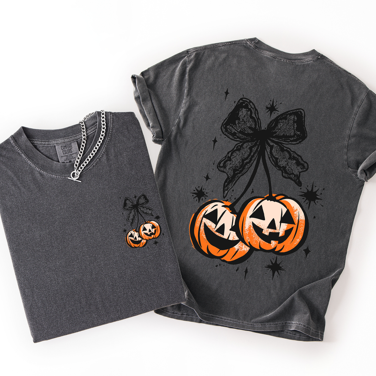 Halloween Cherry Pumpkins Whimsical Front And Back Print Colorful Graphic Soft Cotton Comfort Colors Tee
