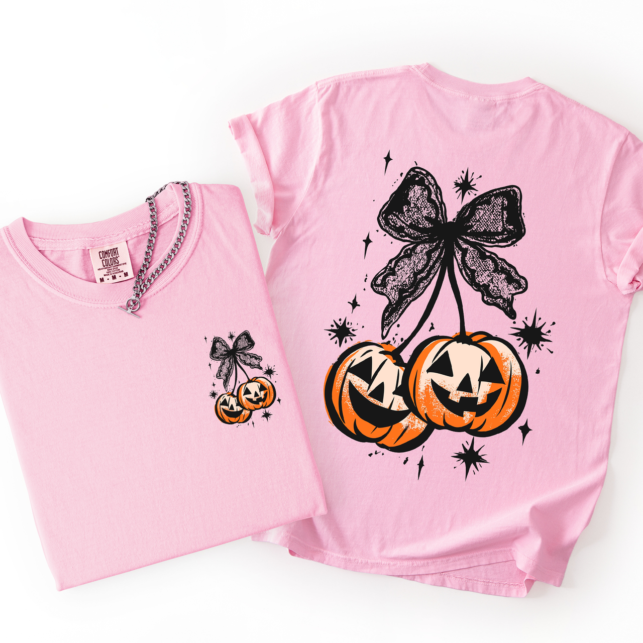 Halloween Cherry Pumpkins Whimsical Front And Back Print Colorful Graphic Soft Cotton Comfort Colors Tee