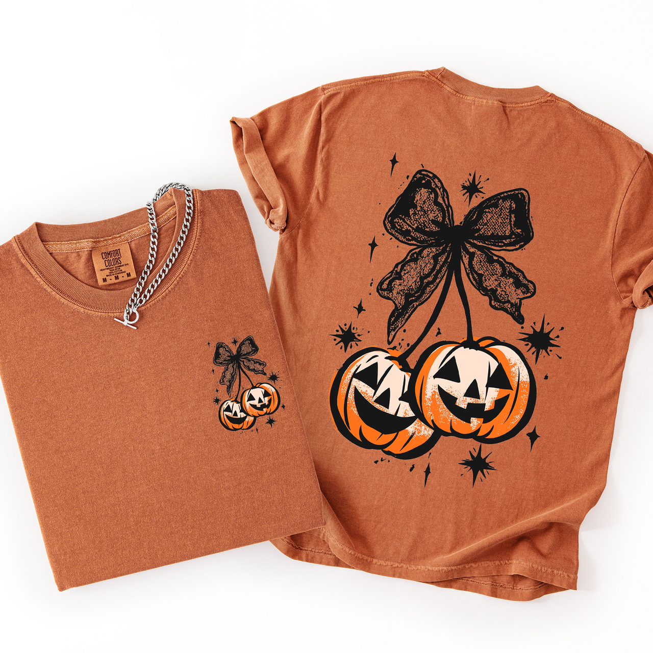 Halloween Cherry Pumpkins Whimsical Front And Back Print Colorful Graphic Soft Cotton Comfort Colors Tee