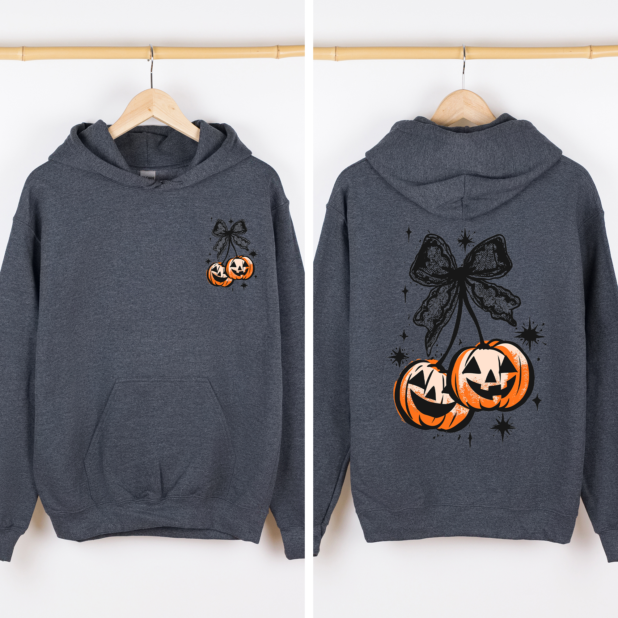 Halloween Cherry Pumpkins Front And Back Vintage Cartoon Style Illustrations Autumn Night Theme Graphic Hoodie