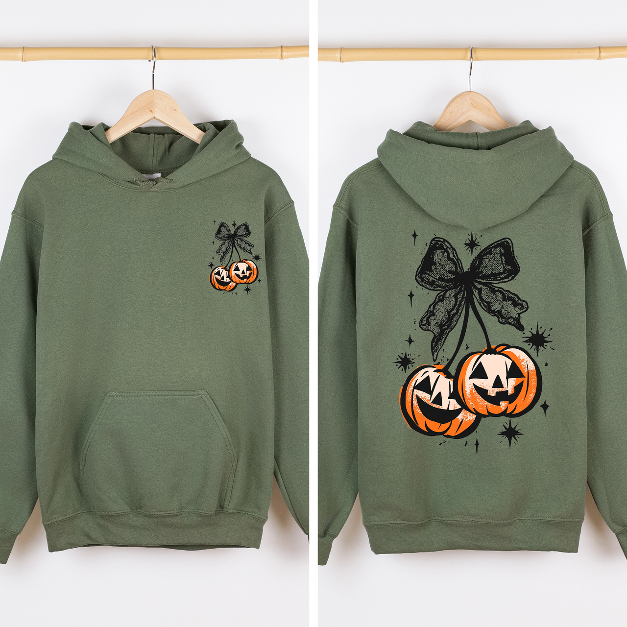 Halloween Cherry Pumpkins Front And Back Vintage Cartoon Style Illustrations Autumn Night Theme Graphic Hoodie
