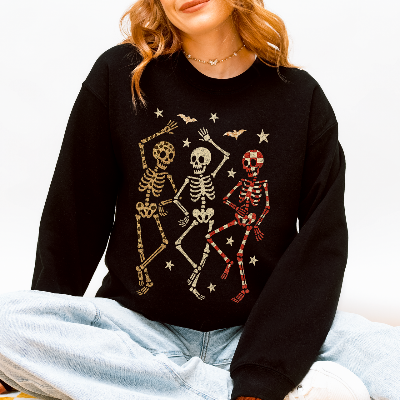 Halloween Dancing Skeletons Retro Leopard Checker Cherry Print Spooky Season Graphic Sweatshirt