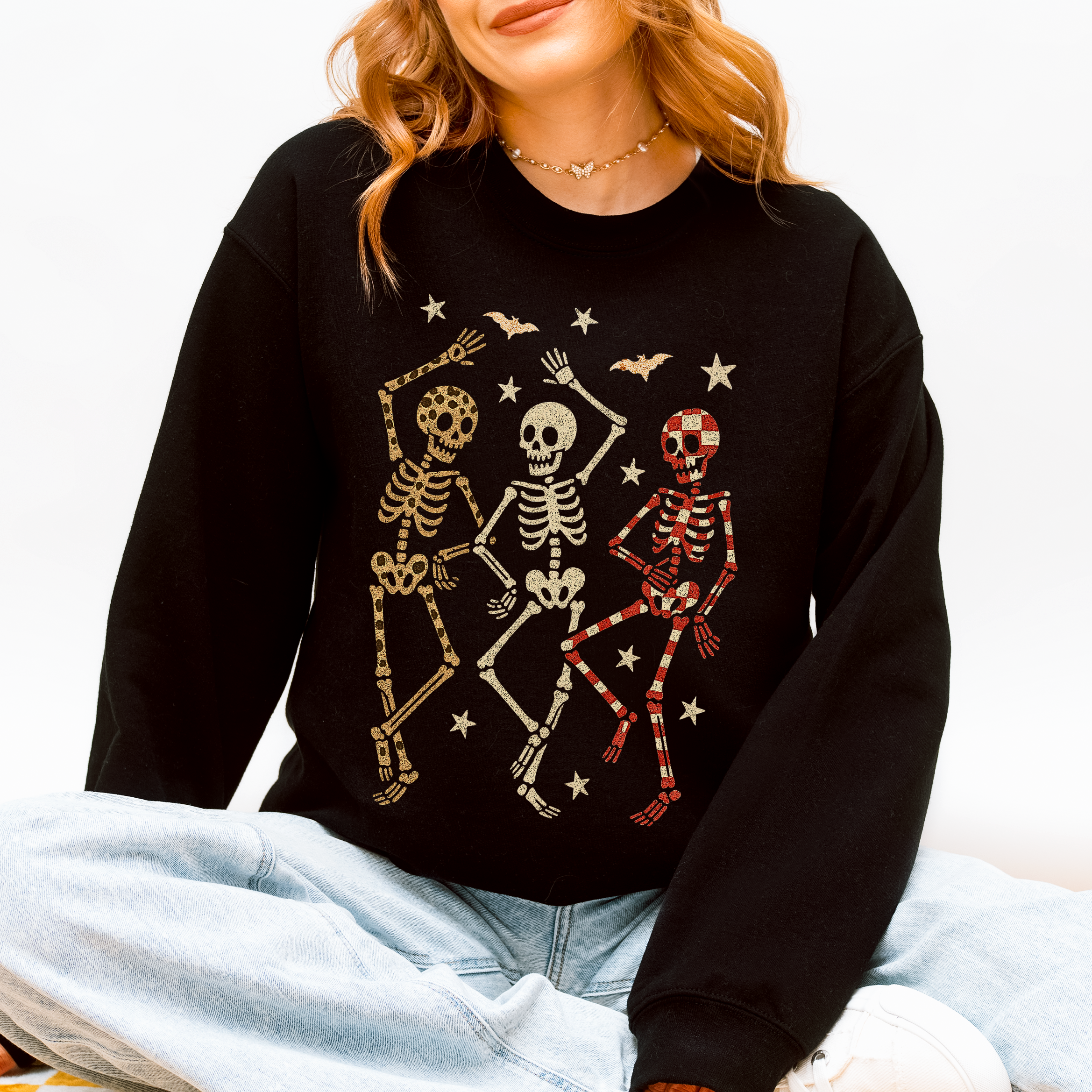 Halloween Dancing Skeletons Retro Leopard Checker Cherry Print Spooky Season Graphic Sweatshirt