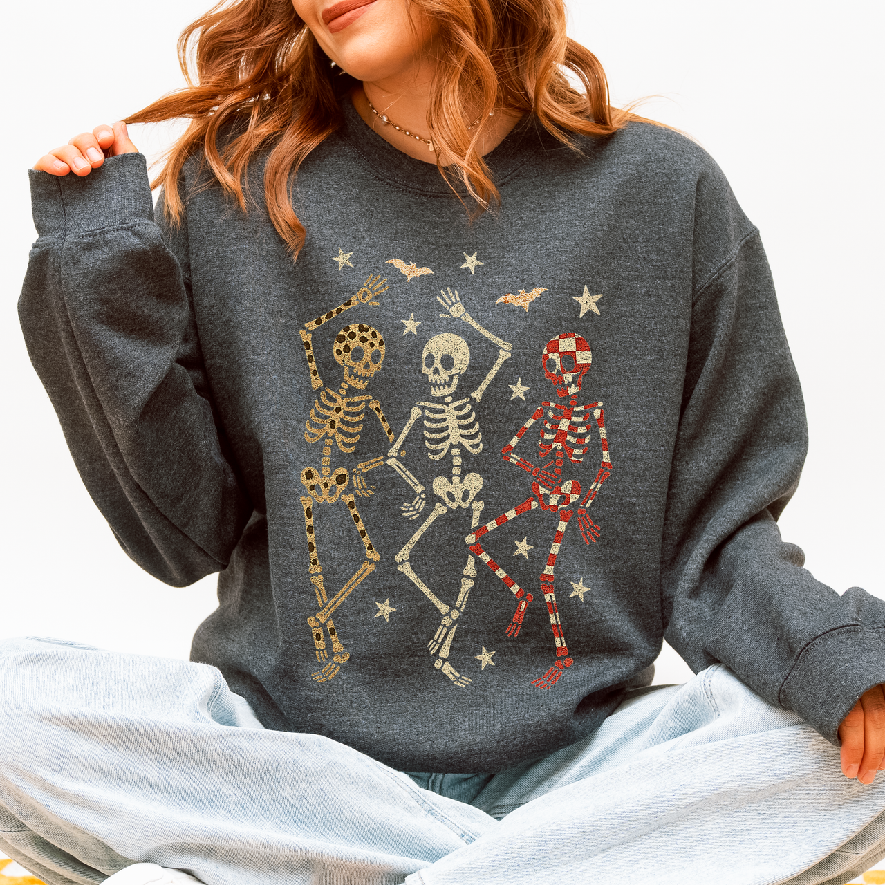 Halloween Dancing Skeletons Retro Leopard Checker Cherry Print Spooky Season Graphic Sweatshirt