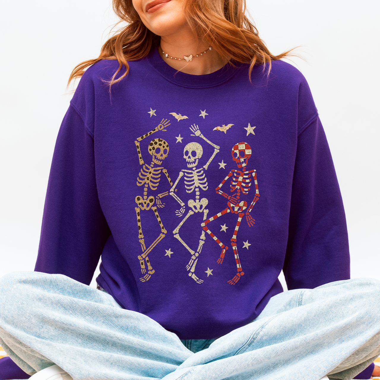 Halloween Dancing Skeletons Retro Leopard Checker Cherry Print Spooky Season Graphic Sweatshirt