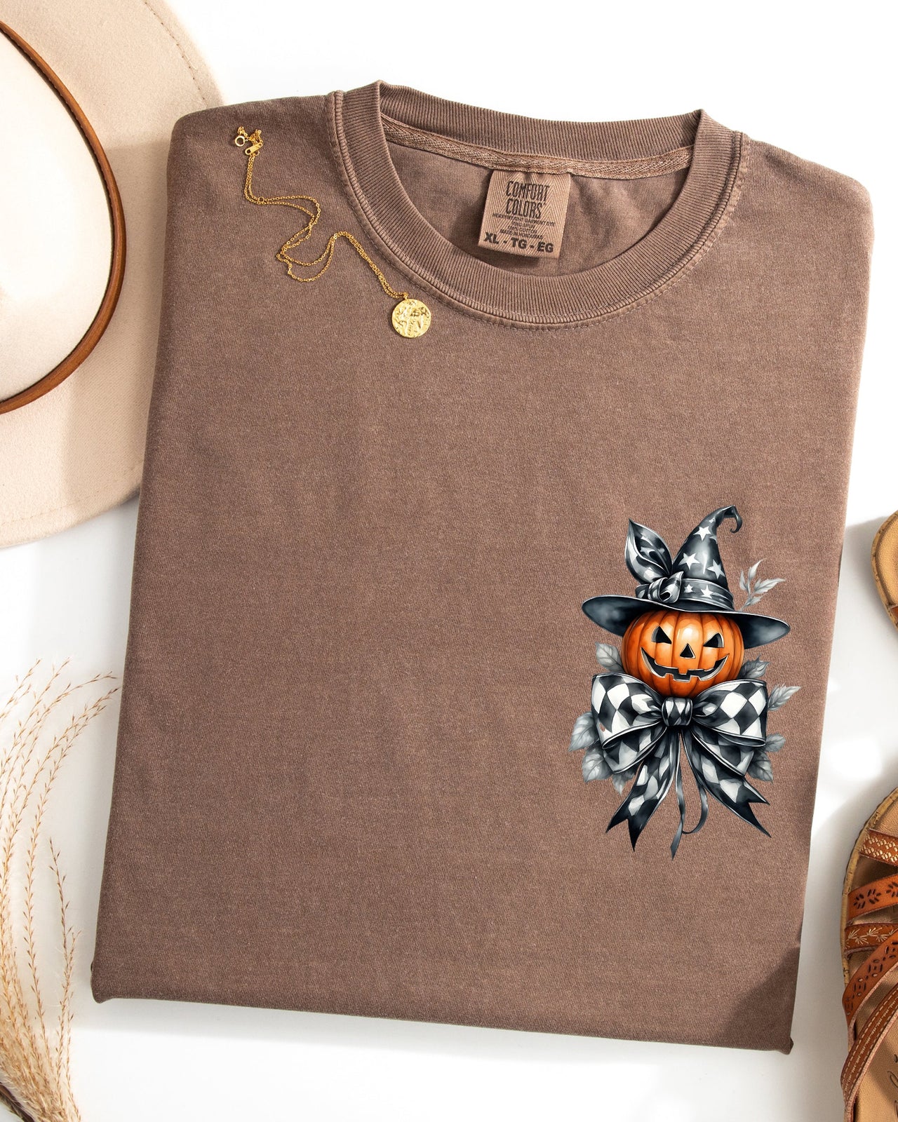 Halloween Jack-O-Lantern Pumpkin Pocket Print Ribbon Coquette Fall Autumn Comfort Colors Tee