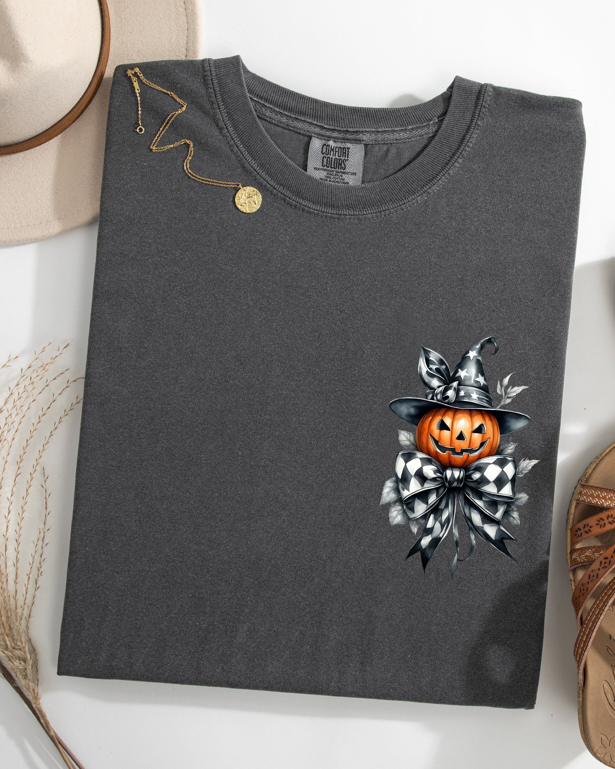 Halloween Jack-O-Lantern Pumpkin Pocket Print Ribbon Coquette Fall Autumn Comfort Colors Tee