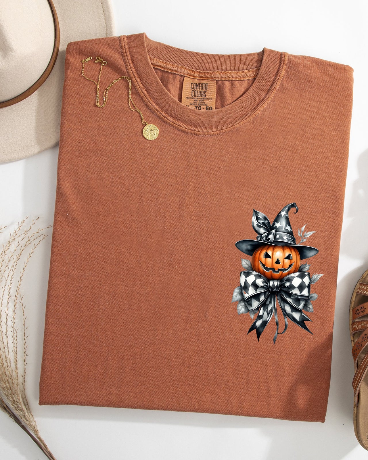 Halloween Jack-O-Lantern Pumpkin Pocket Print Ribbon Coquette Fall Autumn Comfort Colors Tee