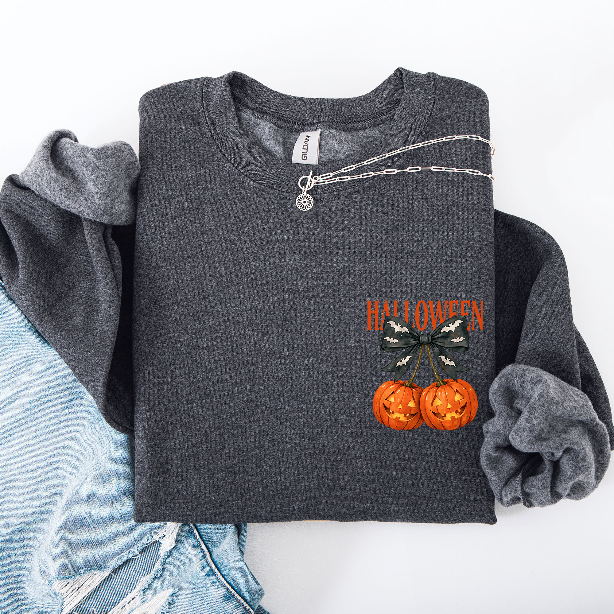 Halloween Jack o Lanterns Cherry Coquette Graphic Print Cozy Autumn Collection Pocket Sweatshirt