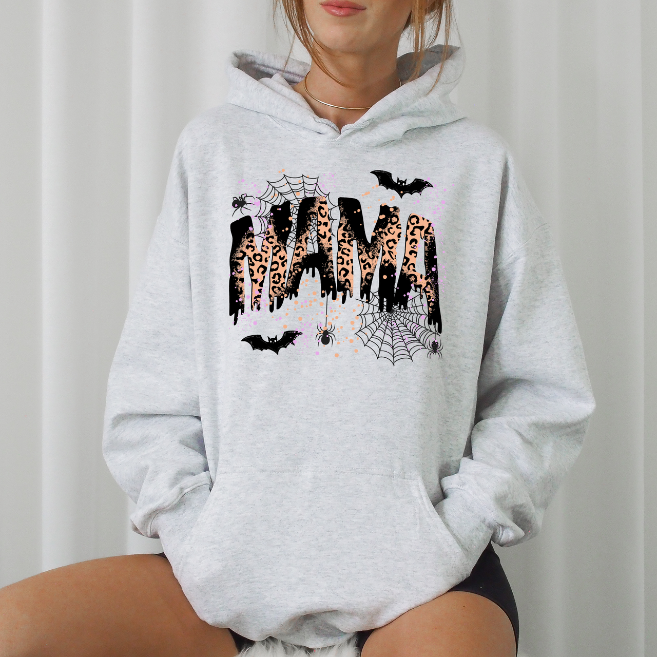 Halloween Mama Leopard Spooky Season Boo Family Photo Ready Cozy Leopard Print Graphic Hoodie