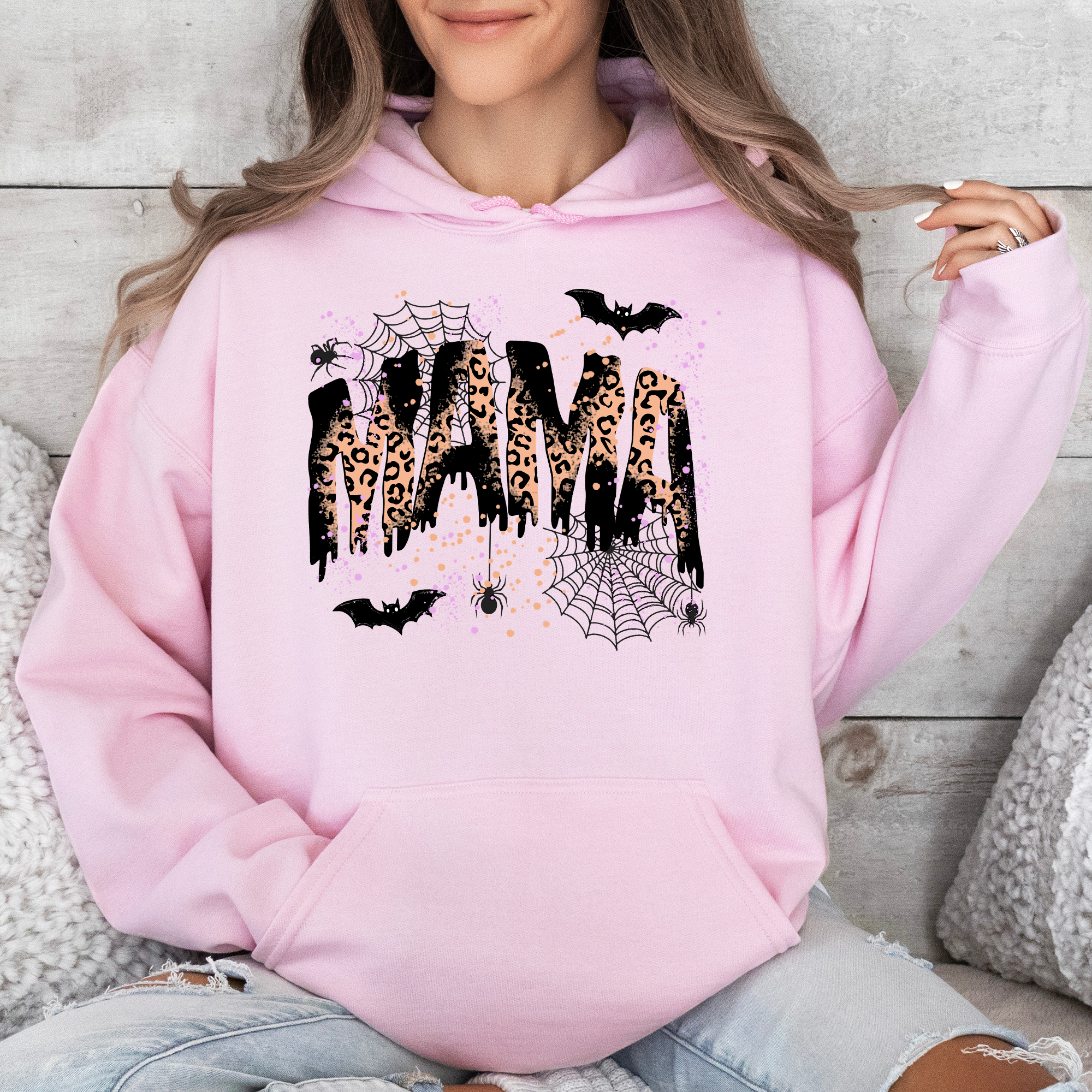 Halloween Mama Leopard Spooky Season Boo Family Photo Ready Cozy Leopard Print Graphic Hoodie