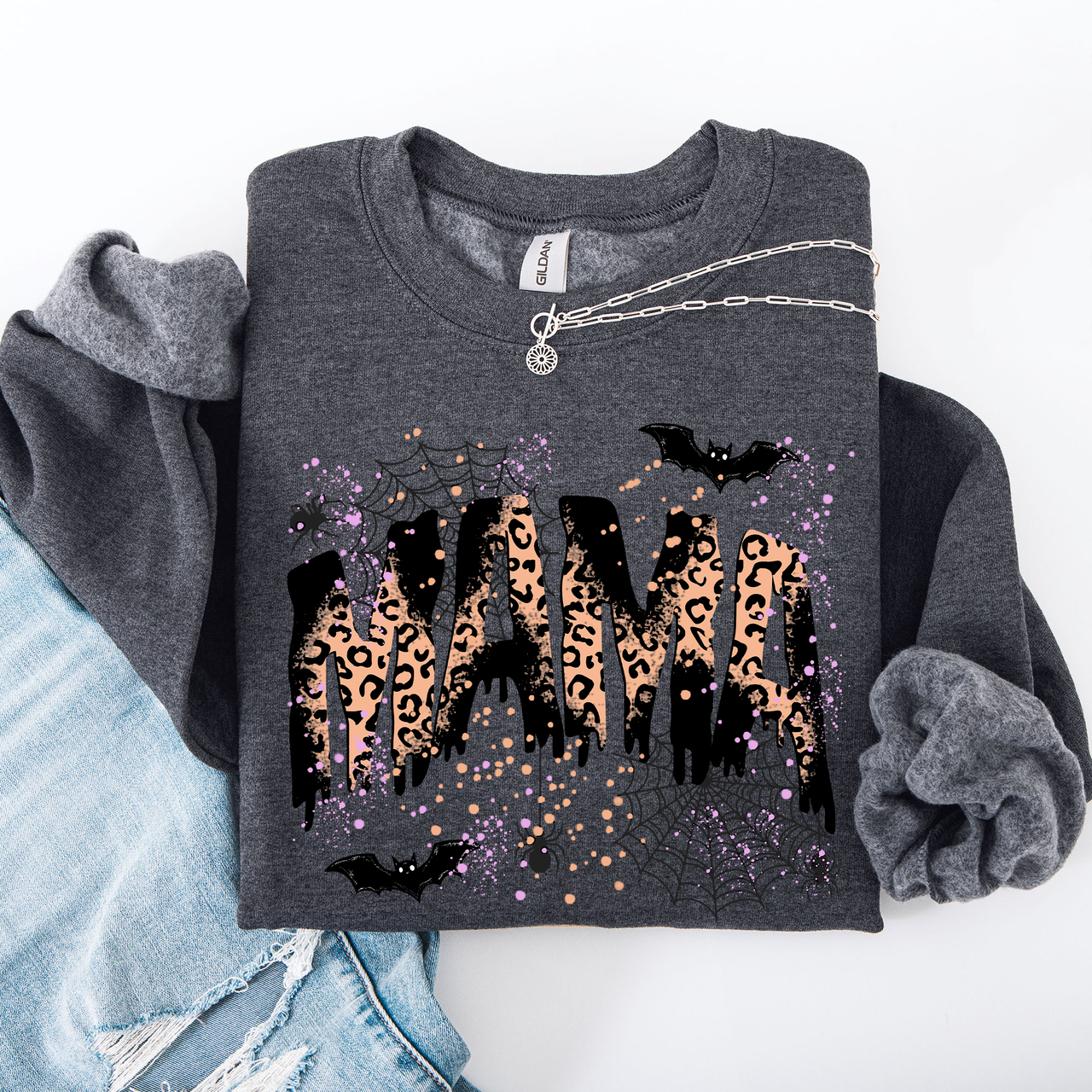 Halloween Mama Leopard Patchwork Spooky Season Witchy Retro Vibe Nostalgic Sweatshirt