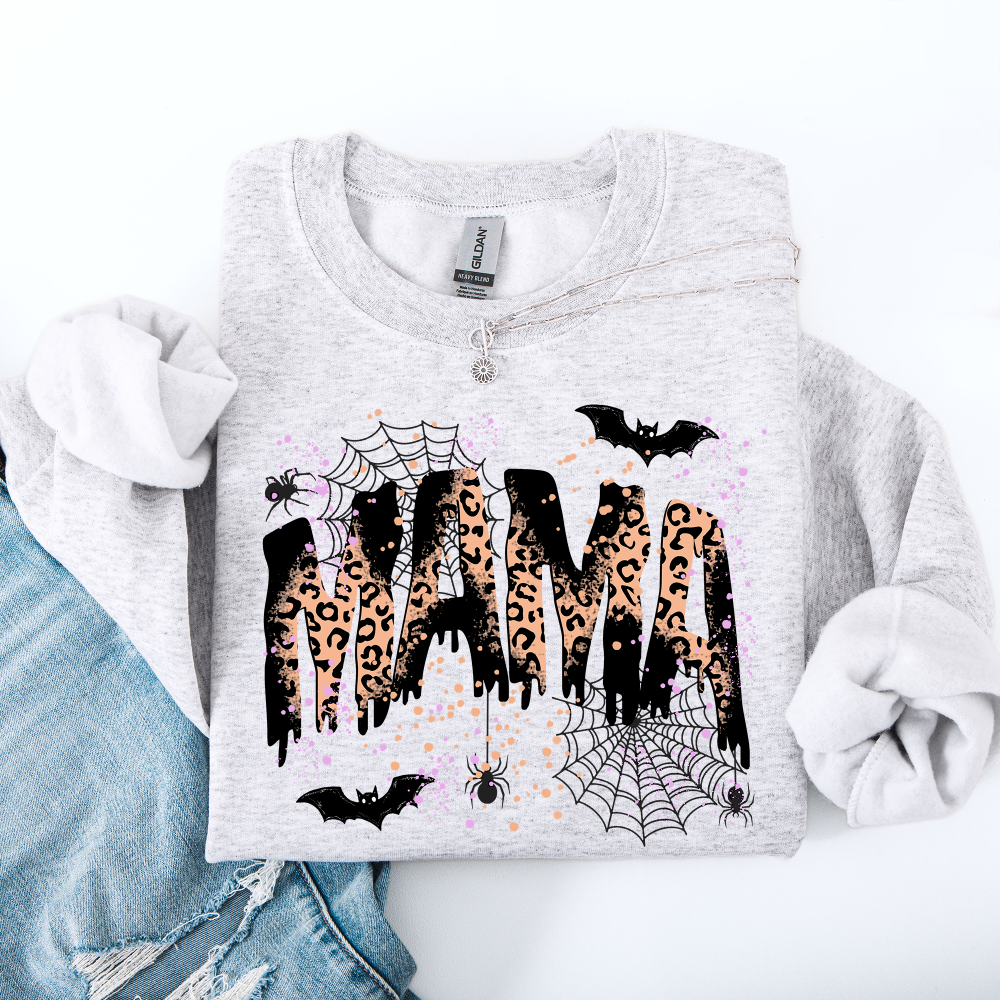 Halloween Mama Leopard Patchwork Spooky Season Witchy Retro Vibe Nostalgic Sweatshirt
