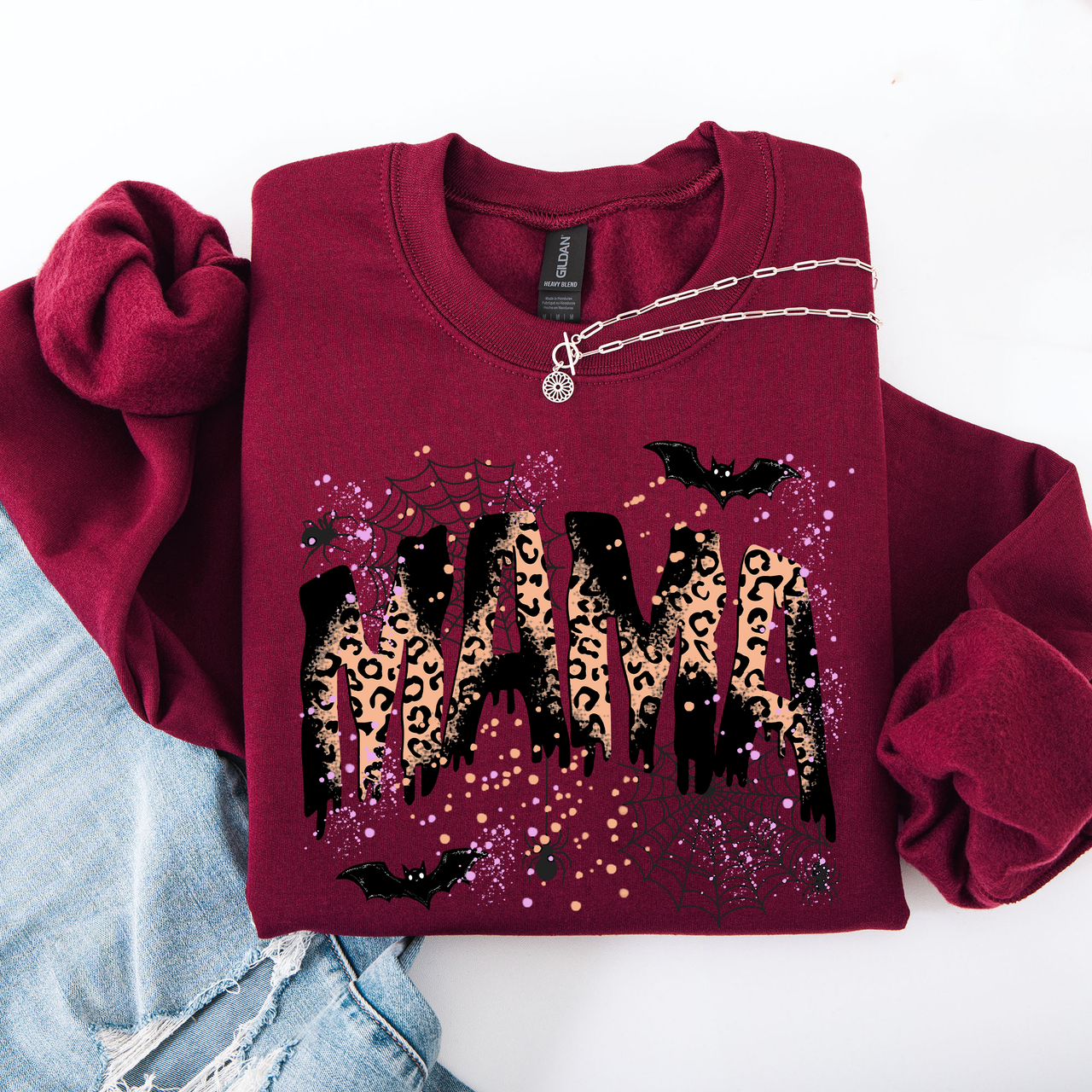 Halloween Mama Leopard Patchwork Spooky Season Witchy Retro Vibe Nostalgic Sweatshirt