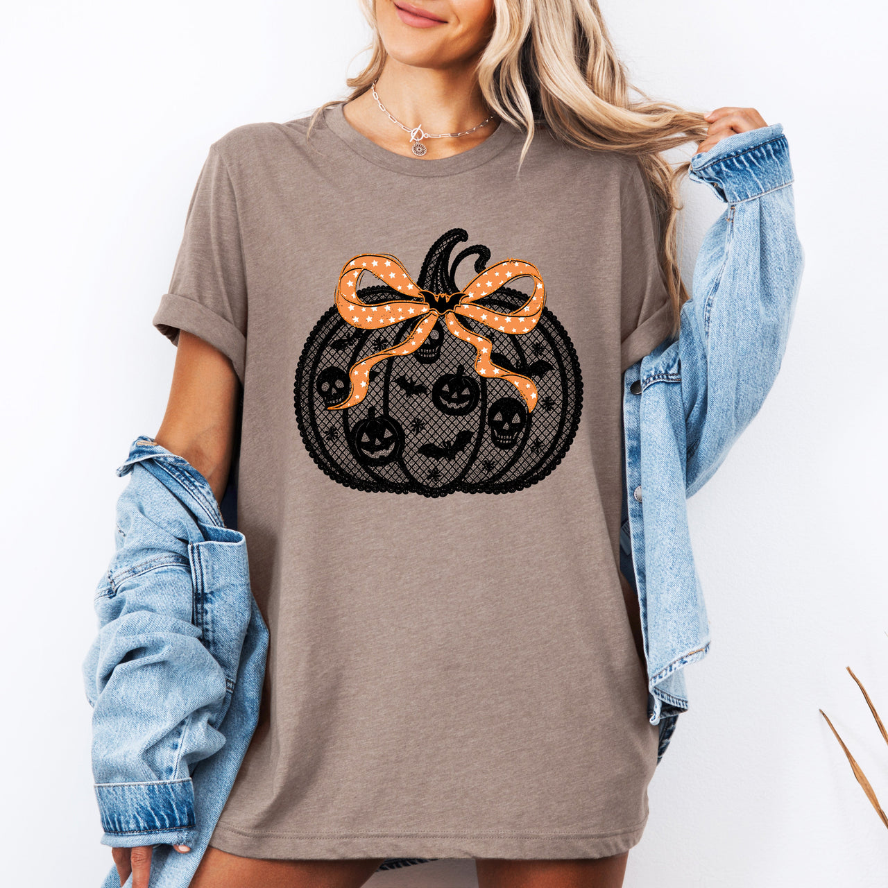 Halloween Pumpkin Faux Lace Coquette Ribbon Bows Embroidered Details Vintage Gothic Style Graphic Tee