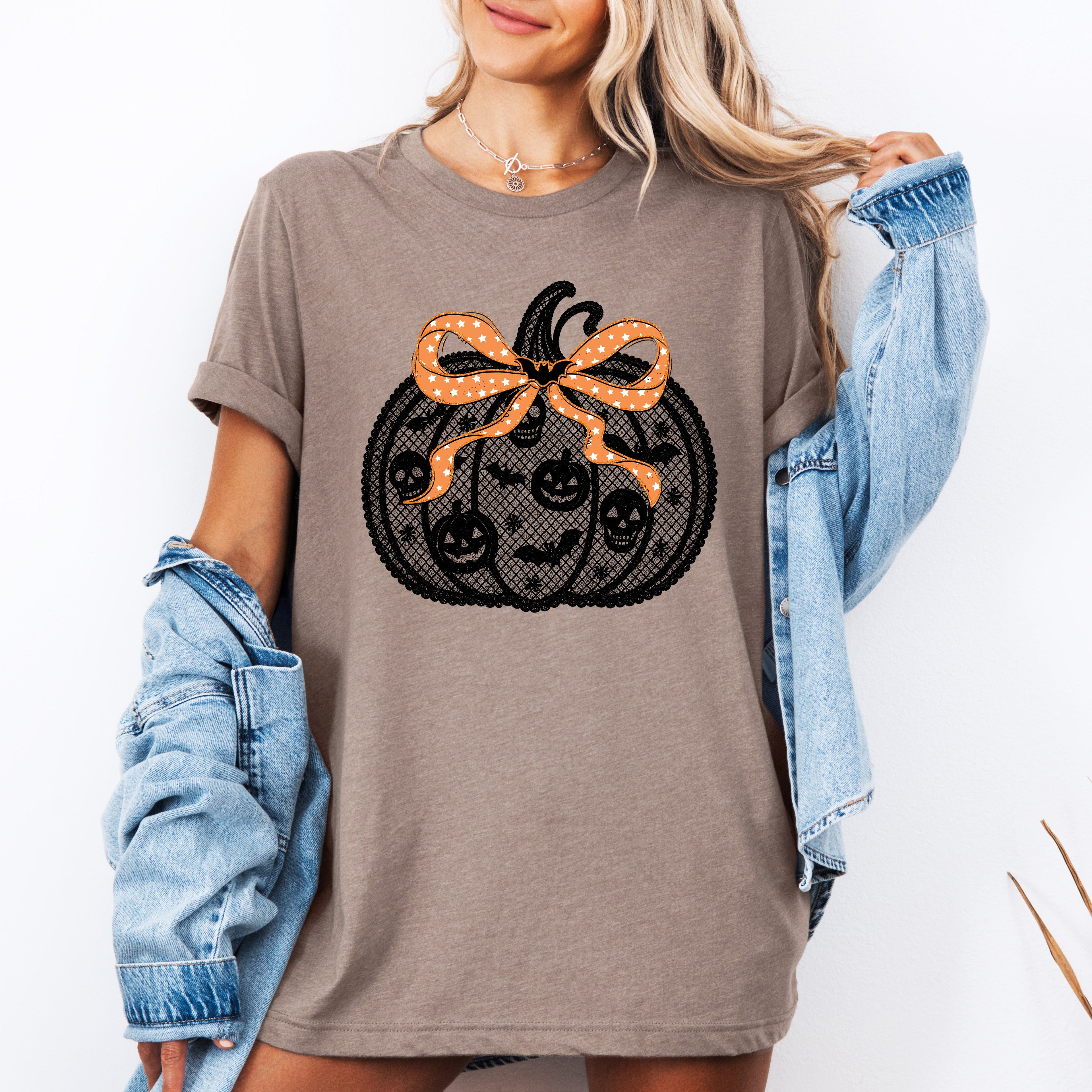 Halloween Pumpkin Faux Lace Coquette Ribbon Bows Embroidered Details Vintage Gothic Style Graphic Tee