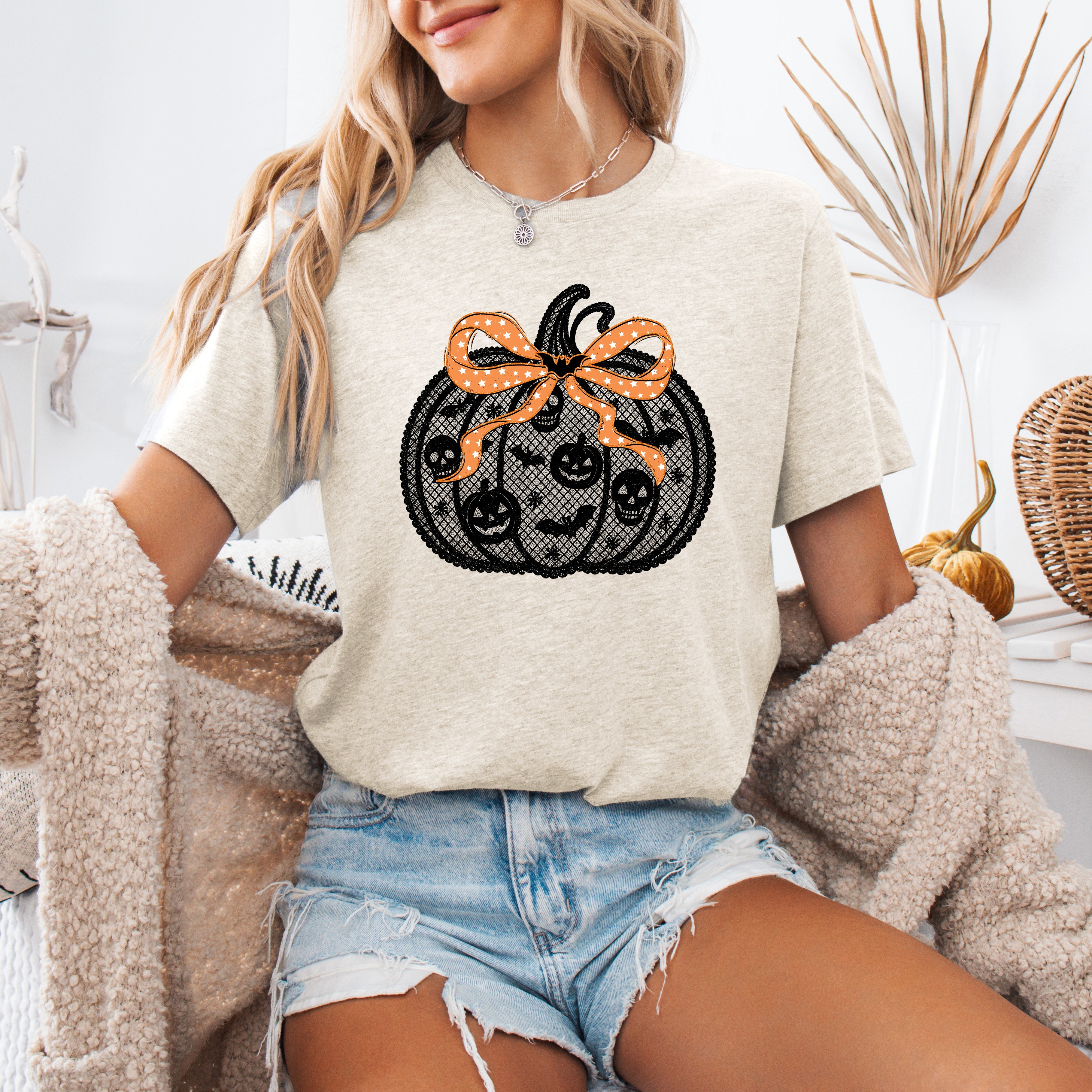 Halloween Pumpkin Faux Lace Coquette Ribbon Bows Embroidered Details Vintage Gothic Style Graphic Tee