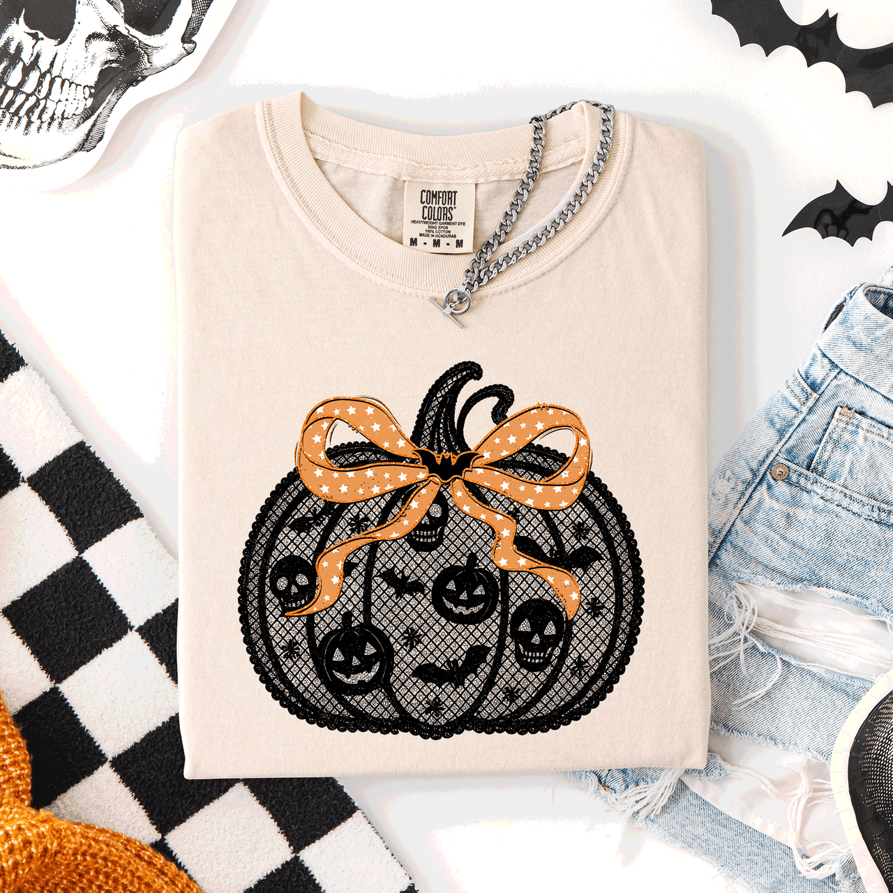 Halloween Pumpkin Faux Lace Coquette Ribbon And Bows Festive Style Comfort Colors Tee
