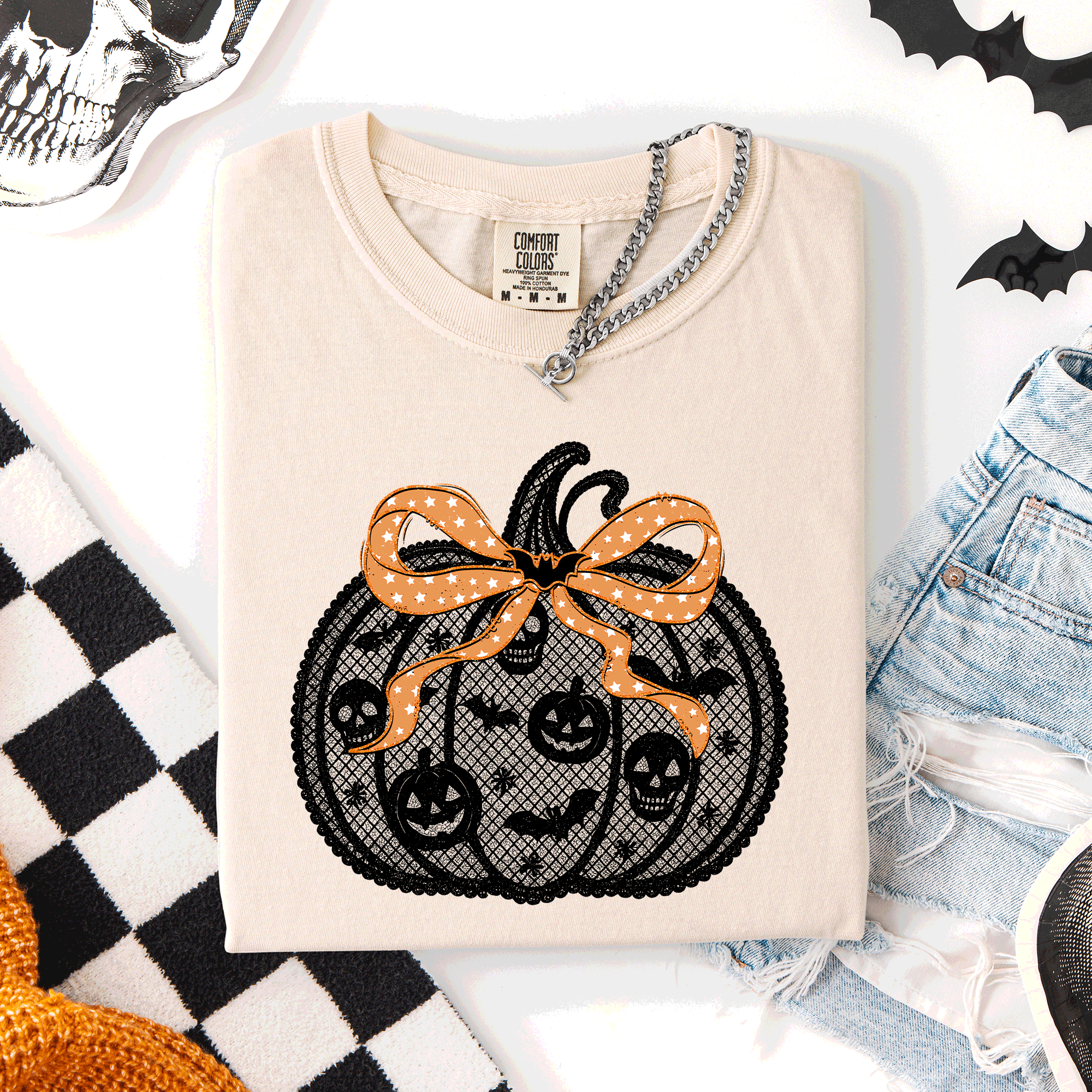 Halloween Pumpkin Faux Lace Coquette Ribbon And Bows Festive Style Comfort Colors Tee