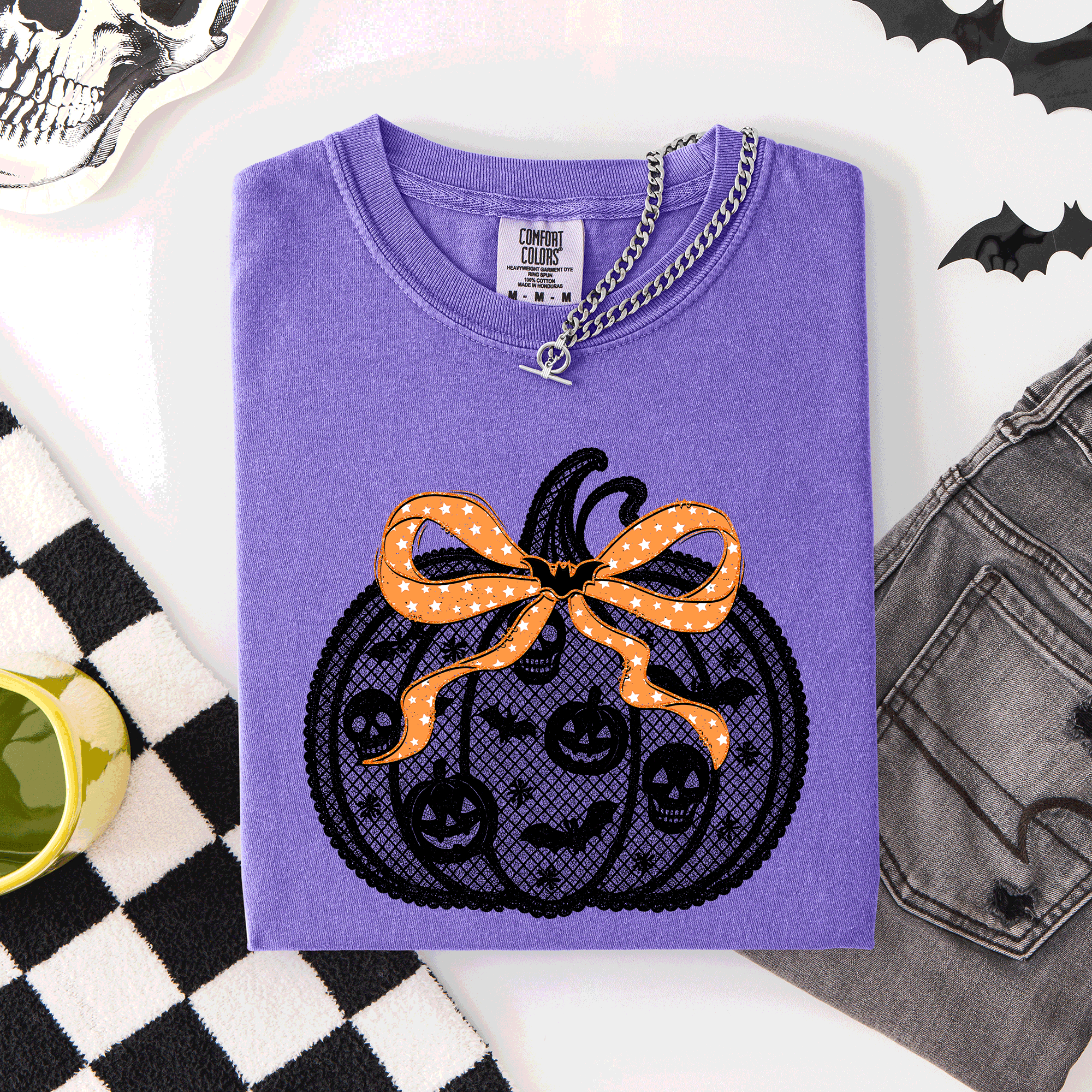 Halloween Pumpkin Faux Lace Coquette Ribbon And Bows Festive Style Comfort Colors Tee