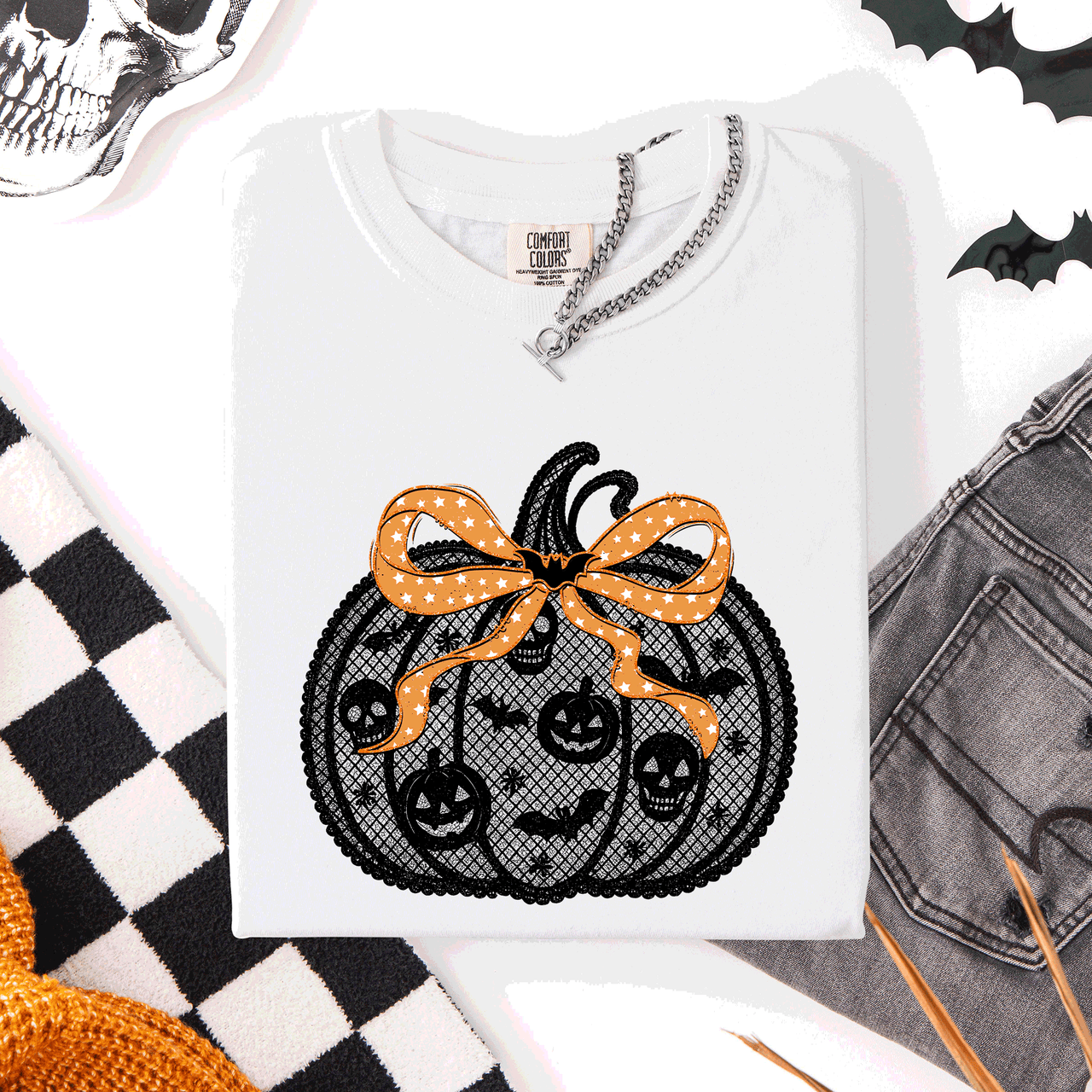 Halloween Pumpkin Faux Lace Coquette Ribbon And Bows Festive Style Comfort Colors Tee