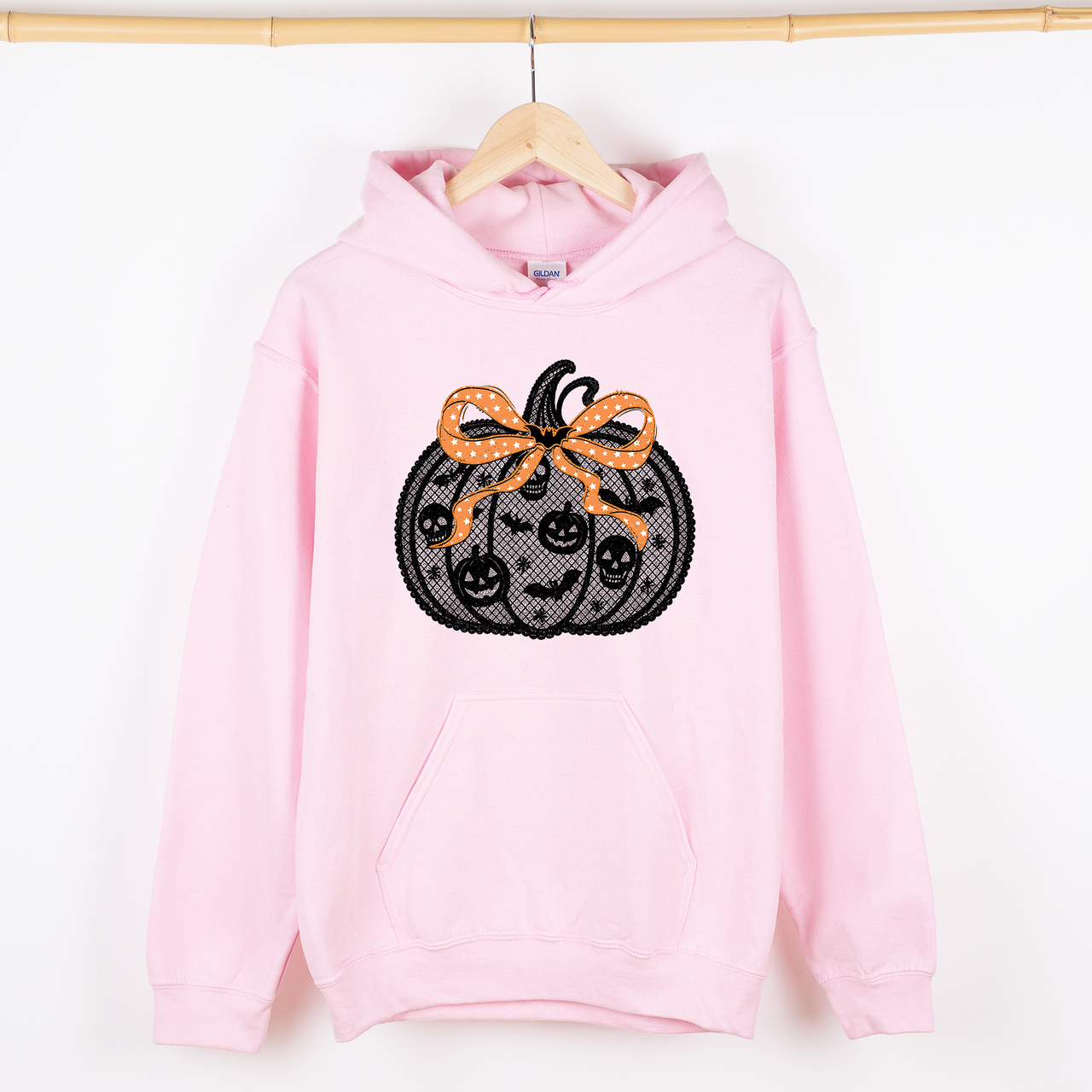 Halloween Pumpkin Faux Lace Coquette Ribbon Bows Embroidered Details Graphic Hoodie