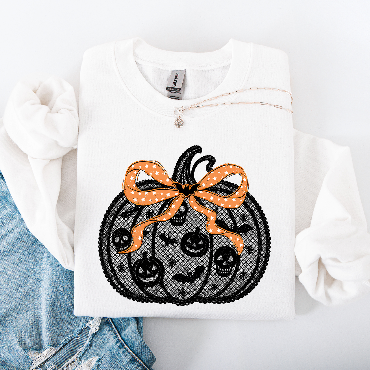 Halloween Pumpkin Faux Lace Coquette Ribbon Bows Embellished Velvet Accents Seasonal Collection Graphic Sweatshirt
