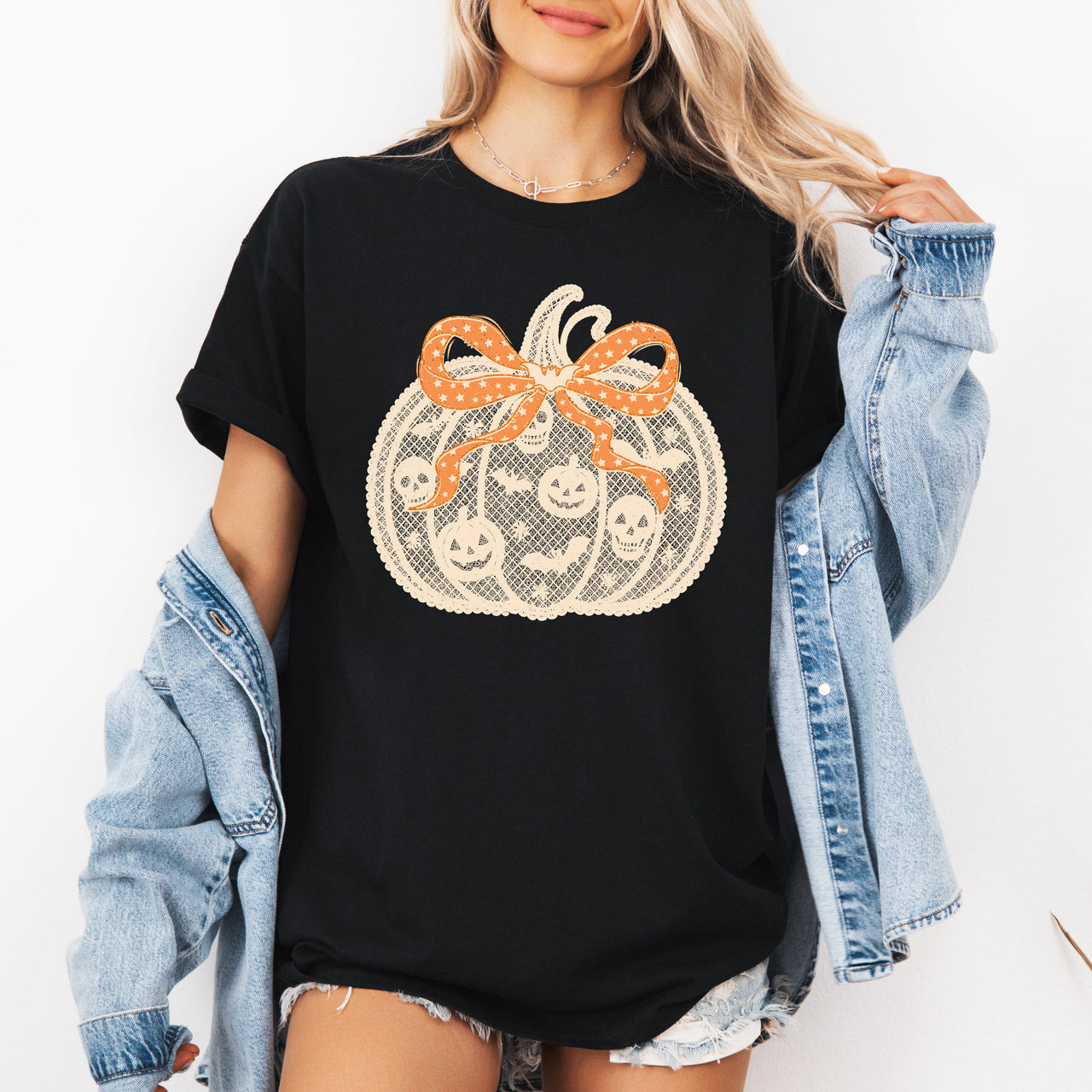 Halloween Pumpkin Faux Lace Coquette Ribbon Bows Embroidered Details Vintage Gothic Style Graphic Tee