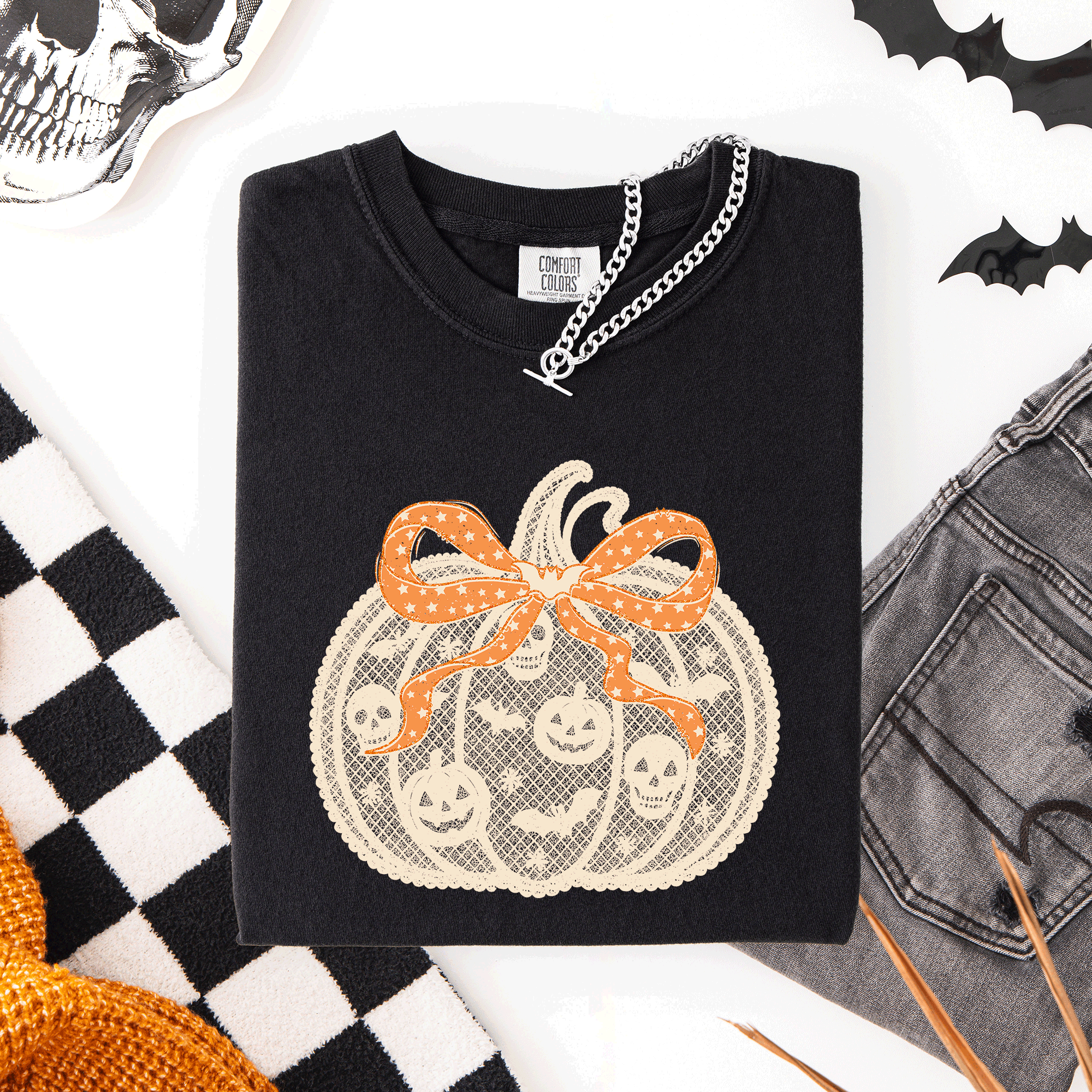 Halloween Pumpkin Faux Lace Coquette Ribbon And Bows Festive Style Comfort Colors Tee