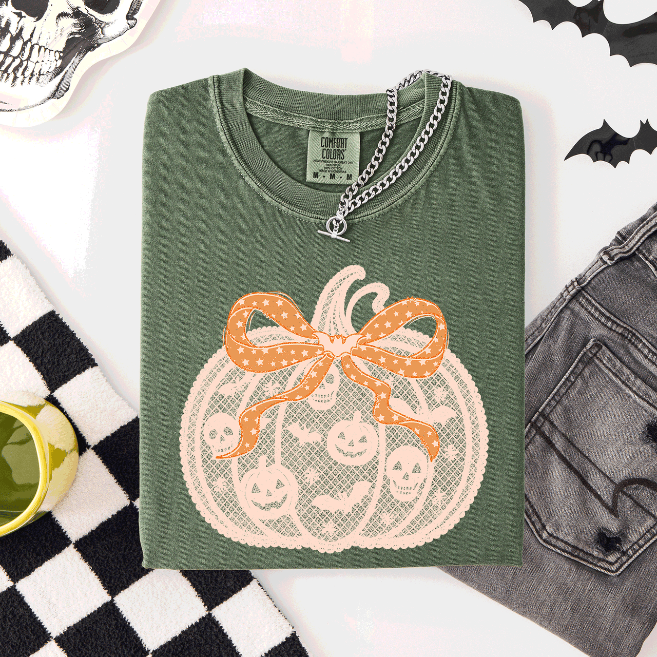 Halloween Pumpkin Faux Lace Coquette Ribbon And Bows Festive Style Comfort Colors Tee