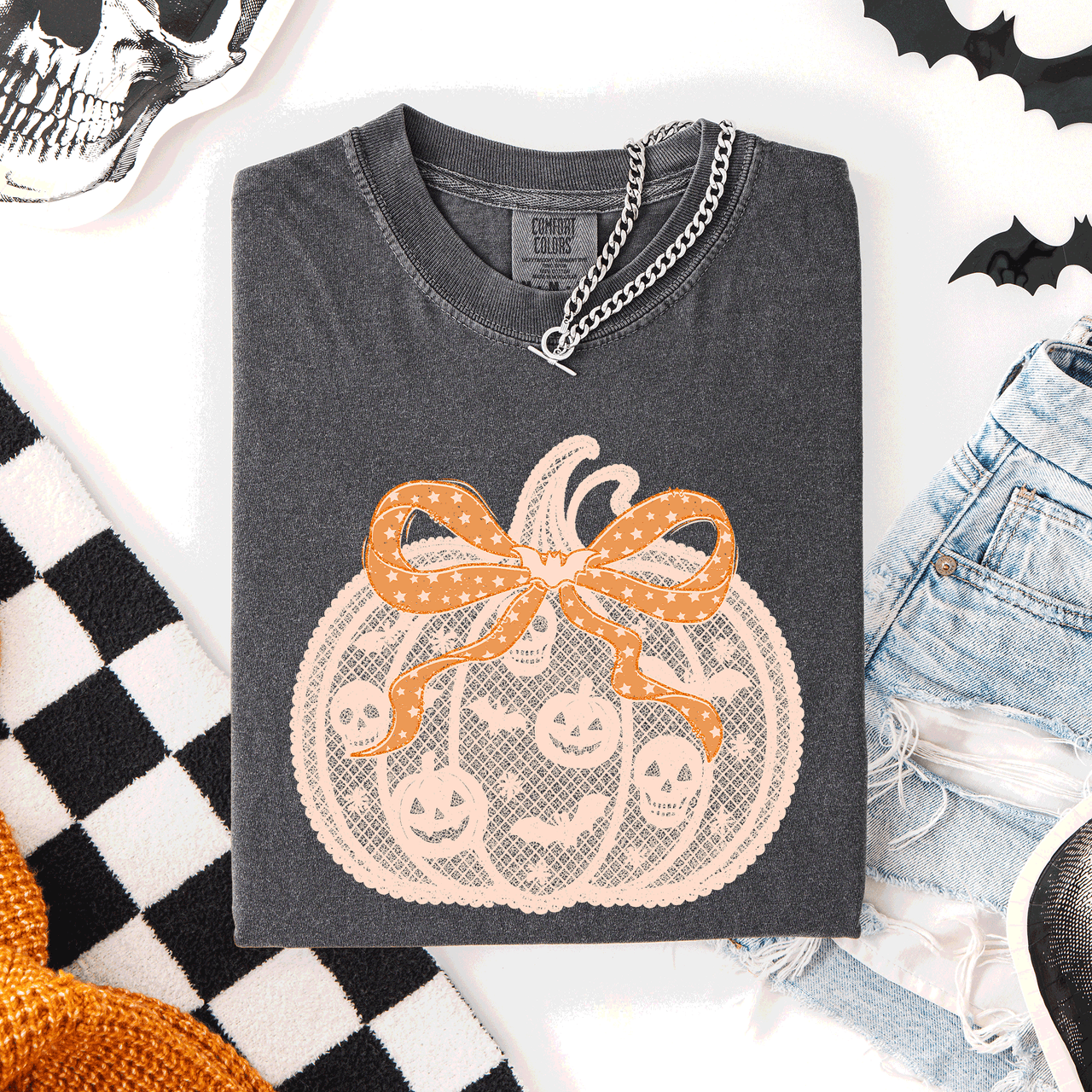 Halloween Pumpkin Faux Lace Coquette Ribbon And Bows Festive Style Comfort Colors Tee