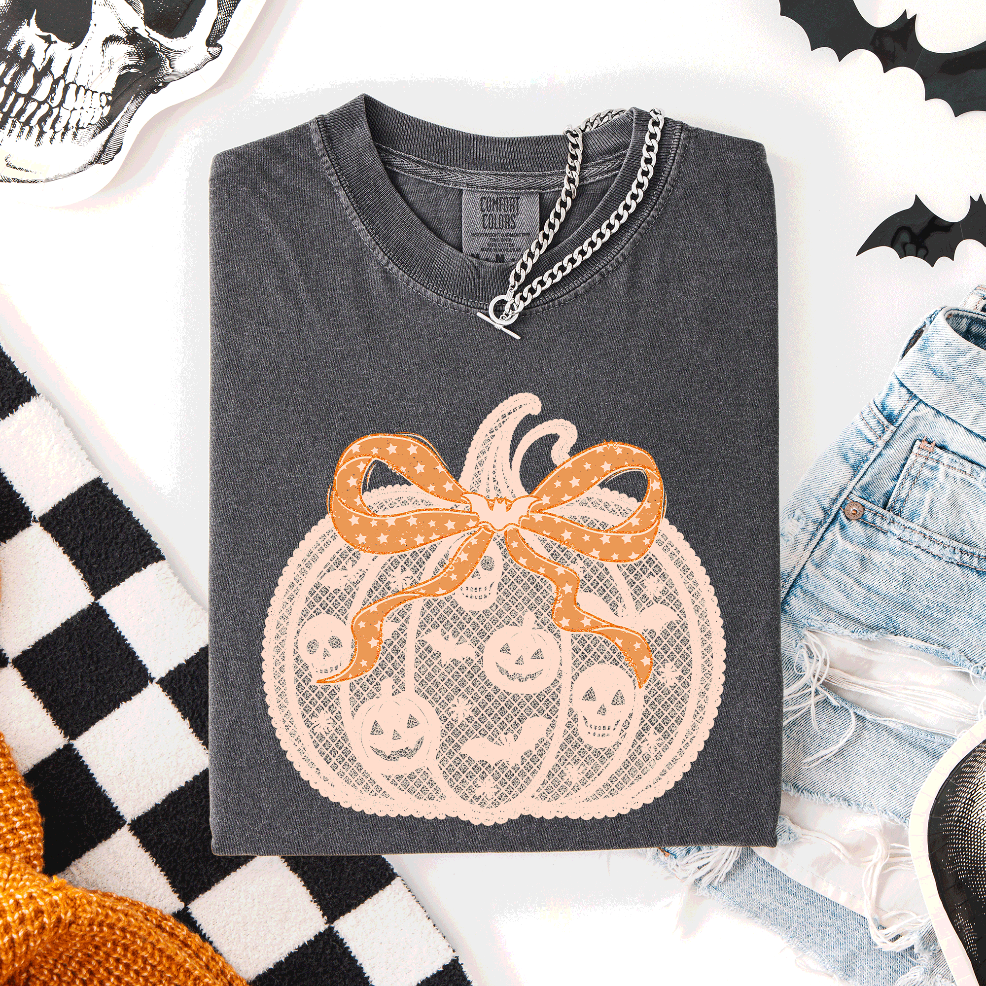 Halloween Pumpkin Faux Lace Coquette Ribbon And Bows Festive Style Comfort Colors Tee