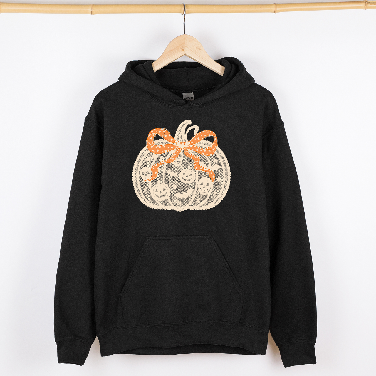 Halloween Pumpkin Faux Lace Coquette Ribbon Bows Embroidered Details Graphic Hoodie