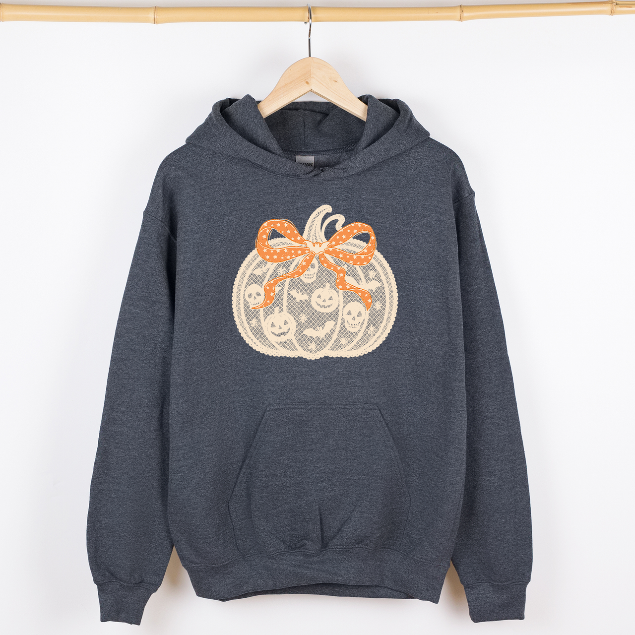 Halloween Pumpkin Faux Lace Coquette Ribbon Bows Embroidered Details Graphic Hoodie
