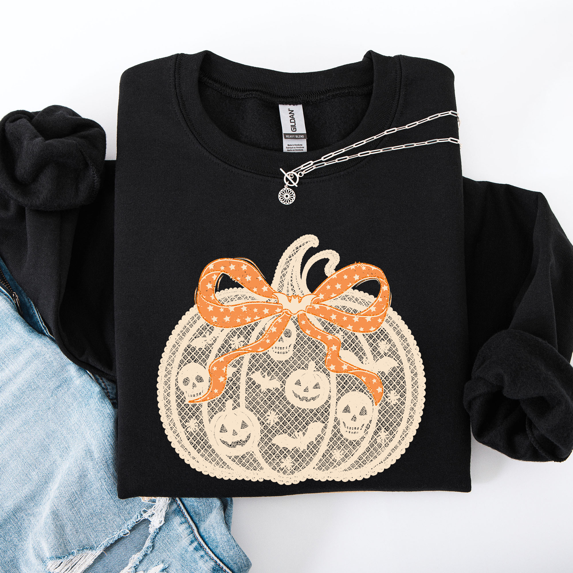 Halloween Pumpkin Faux Lace Coquette Ribbon Bows Embellished Velvet Accents Seasonal Collection Graphic Sweatshirt