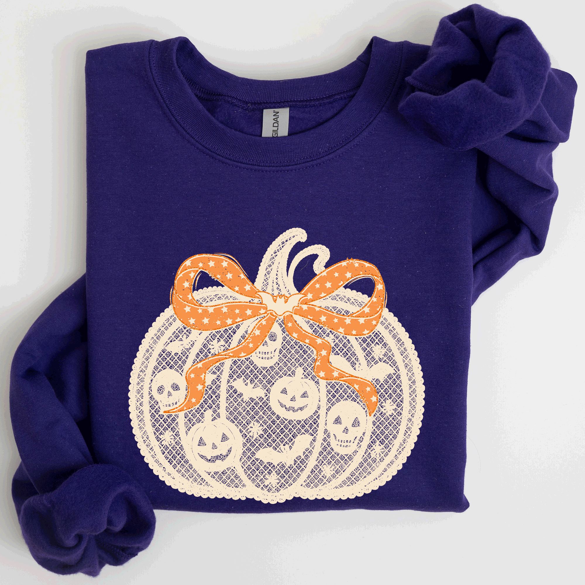 Halloween Pumpkin Faux Lace Coquette Ribbon Bows Embellished Velvet Accents Seasonal Collection Graphic Sweatshirt