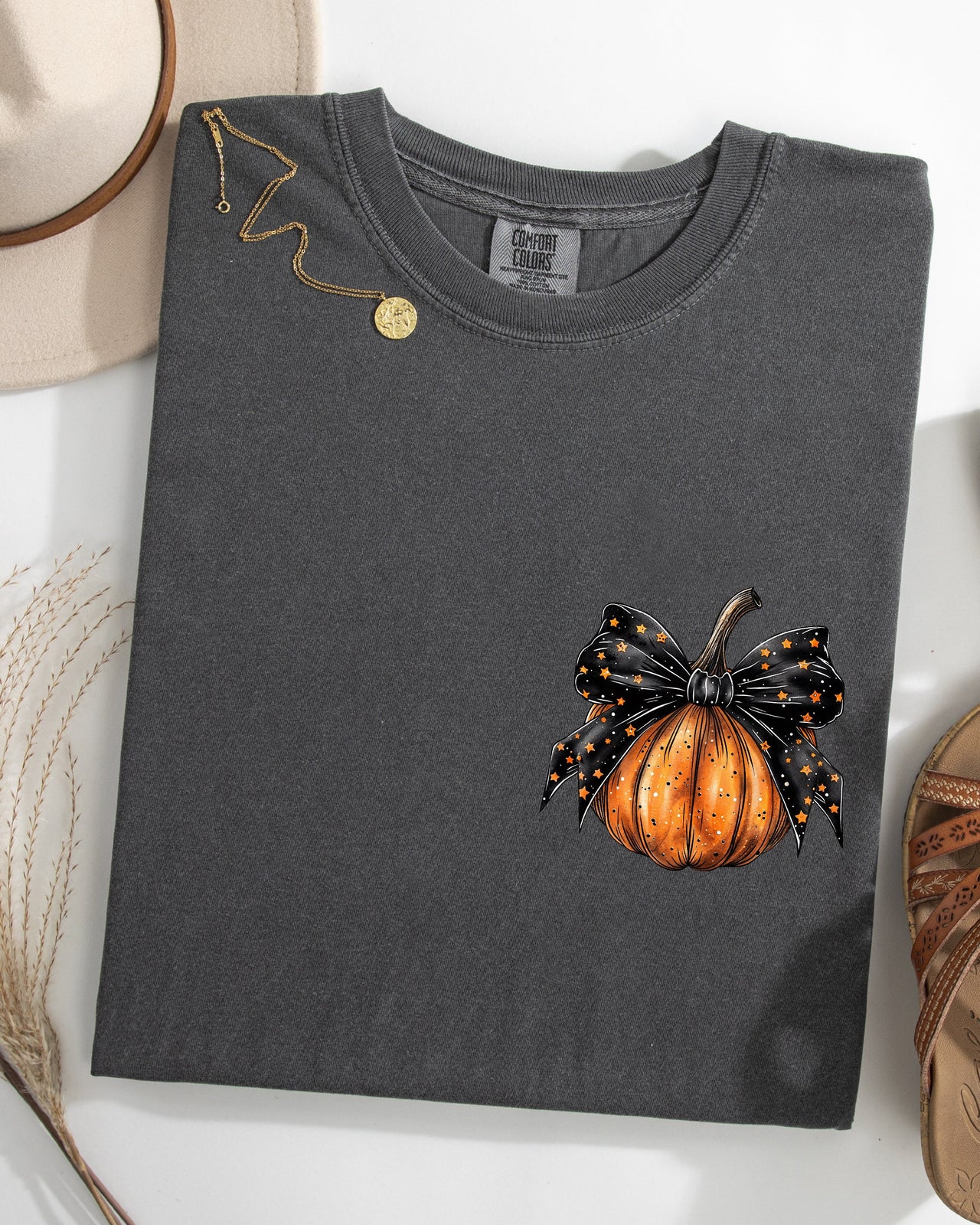 Halloween Pumpkin Ribbon Pocket Print Coquette Fall Autumn Seasonal Comfort Colors Tee