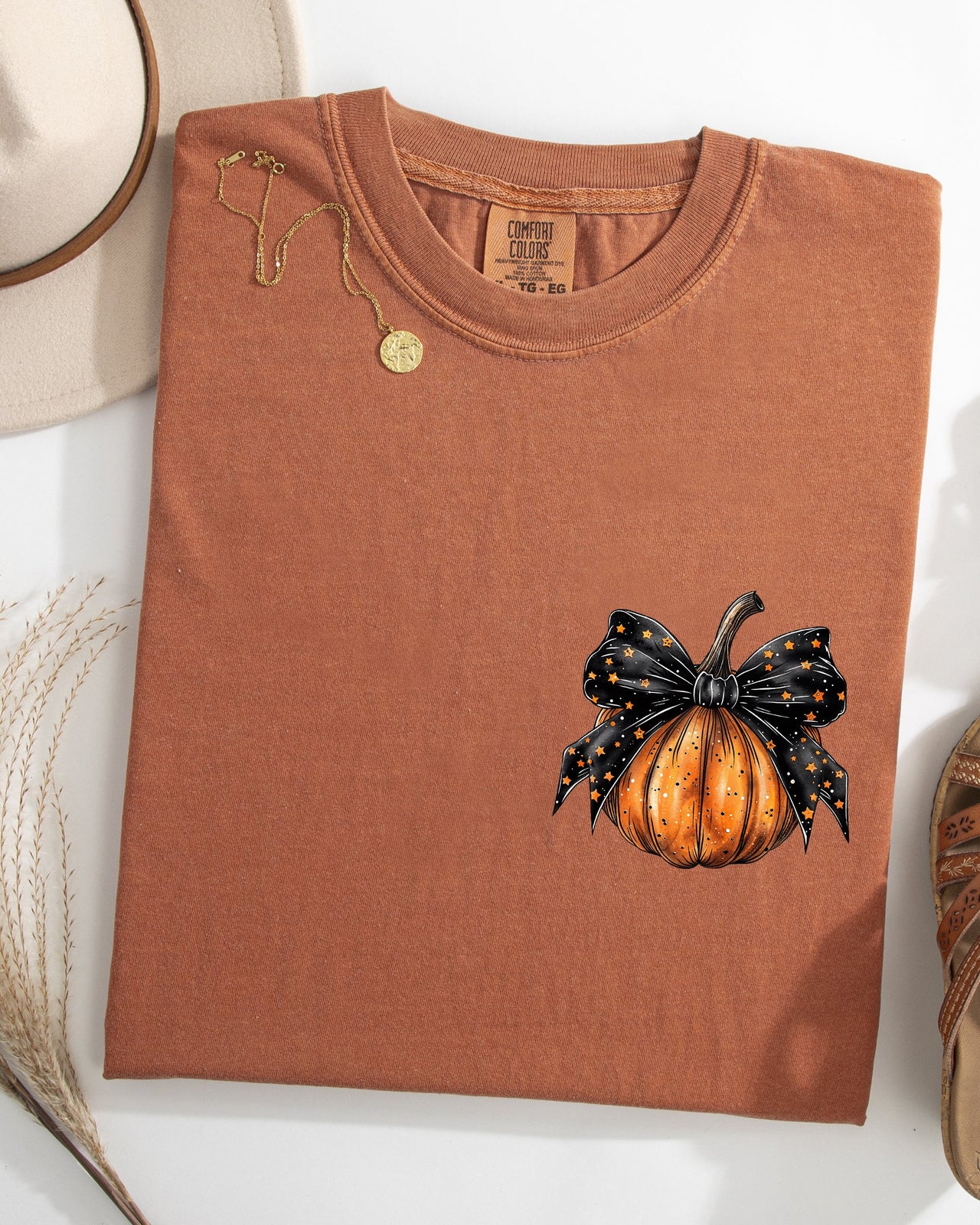 Halloween Pumpkin Ribbon Pocket Print Coquette Fall Autumn Seasonal Comfort Colors Tee