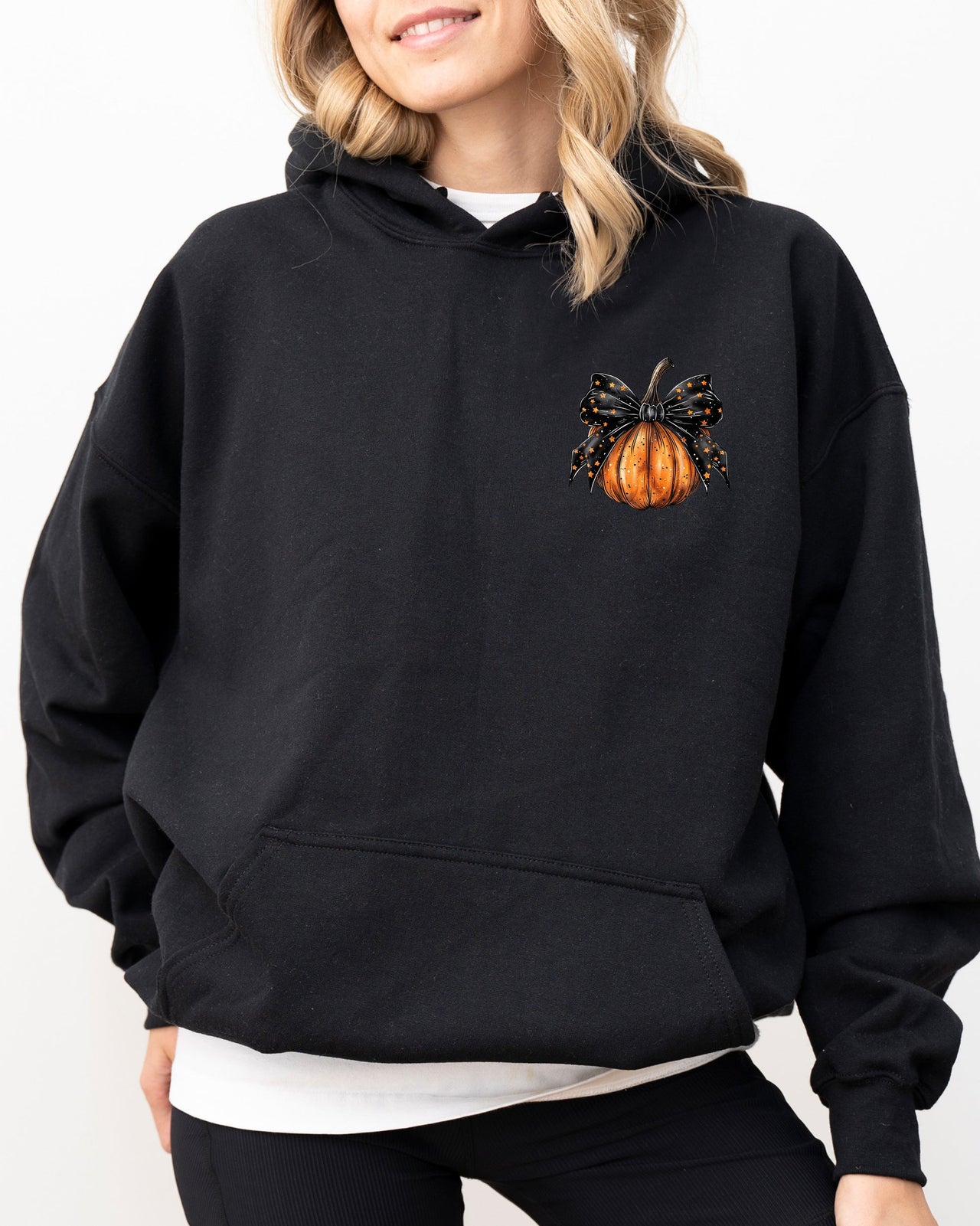 Halloween Pumpkin Ribbon Pocket Print Graphic Coquette Fall Autumn Hooded Sweatshirt